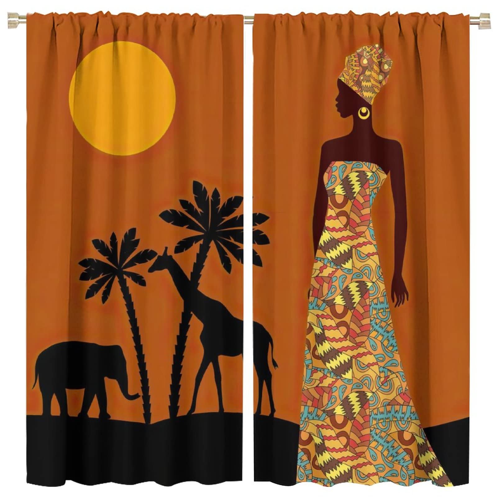 JESTRONRY Black Girl Curtains for Living Room,African Woman Window Treatments Kids Bedroom Curtain,Tropical Landscape Style Home Decor Blackout Drapes W84xL84in