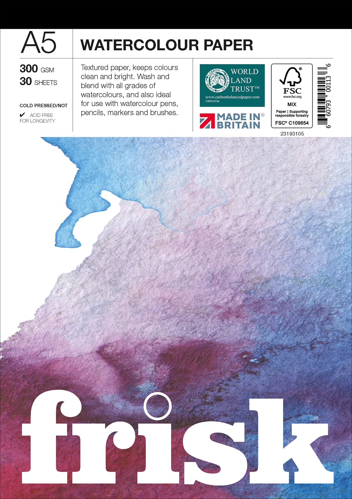Frisk Watercolour Paper Pad 300gsm Cold Pressed/Not 30sheets A5, White