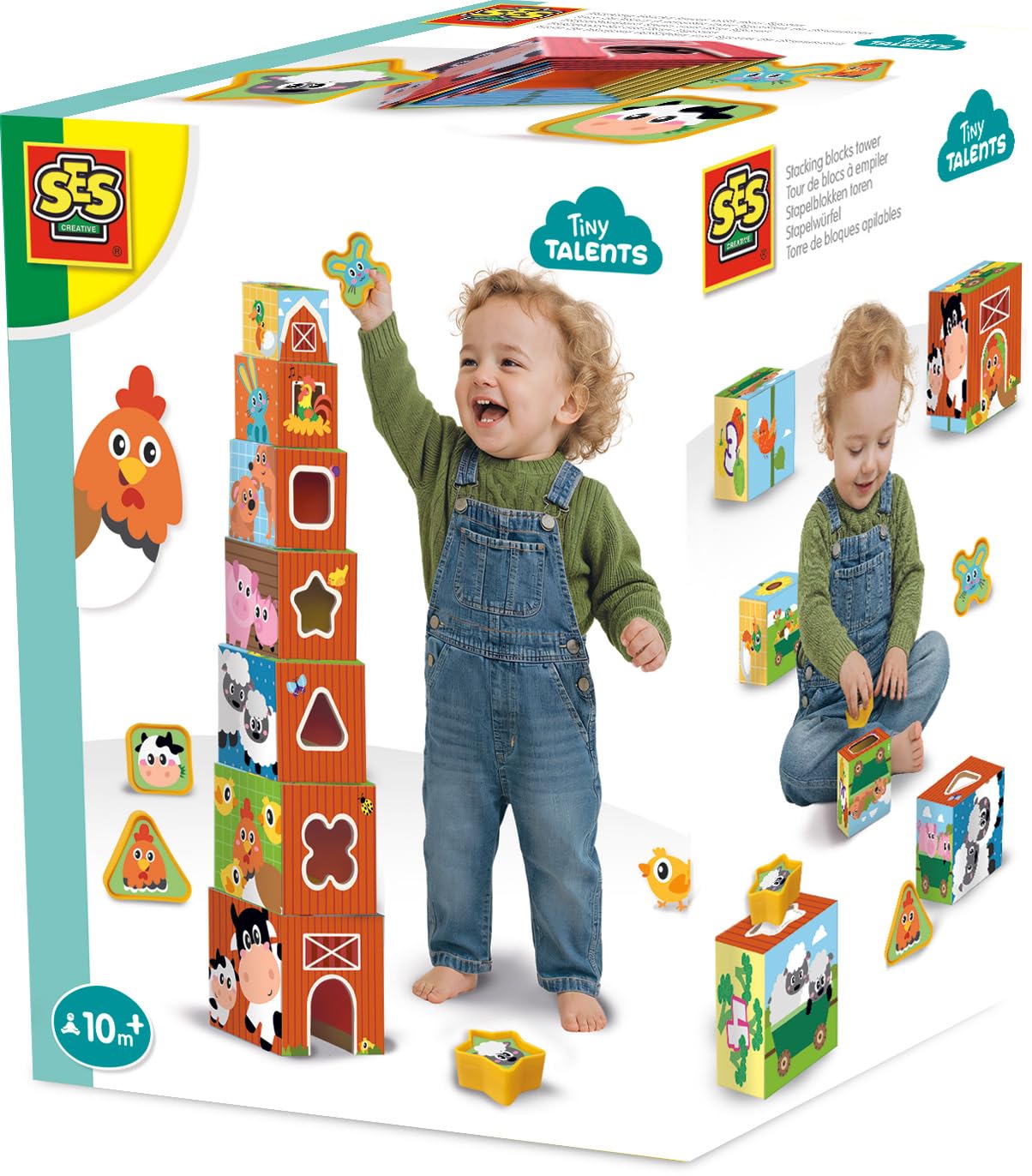 Ses Creative Brown Stacking Blocks Tower And Shape Sorter 2 In 1 - Farm Animals - Wood - 1 - Na