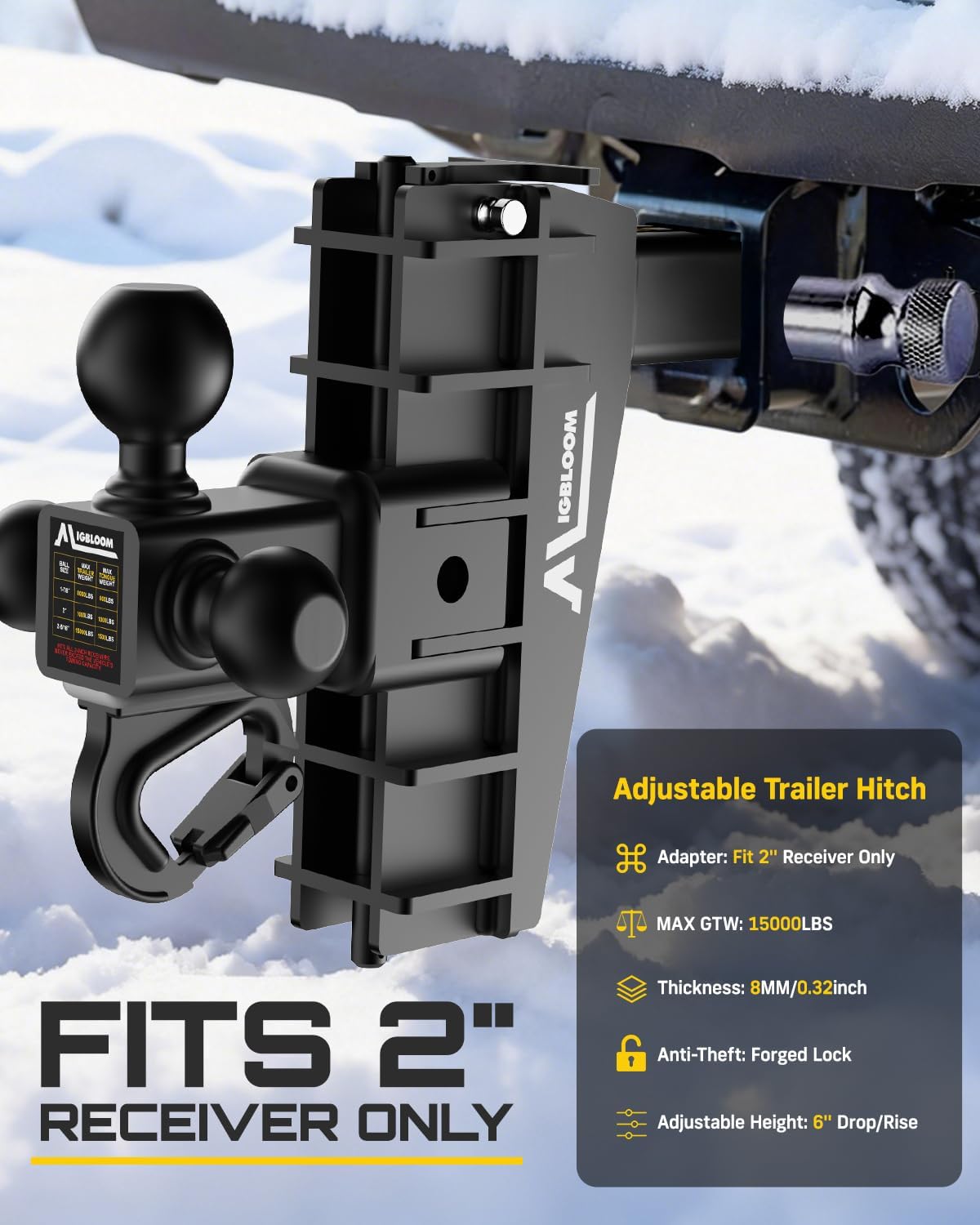 Adjustable Trailer Hitch, Tri-Ball (1-7/8" x 2" x 2-5/16") Drop Hitch, Fits 2-Inch Receiver, 6 Inch Drop Hitch, 15000 LBS GTW with Anti-Theft Hitch 2 Locks, Tow Hitch for Heavy Duty Truck, Black