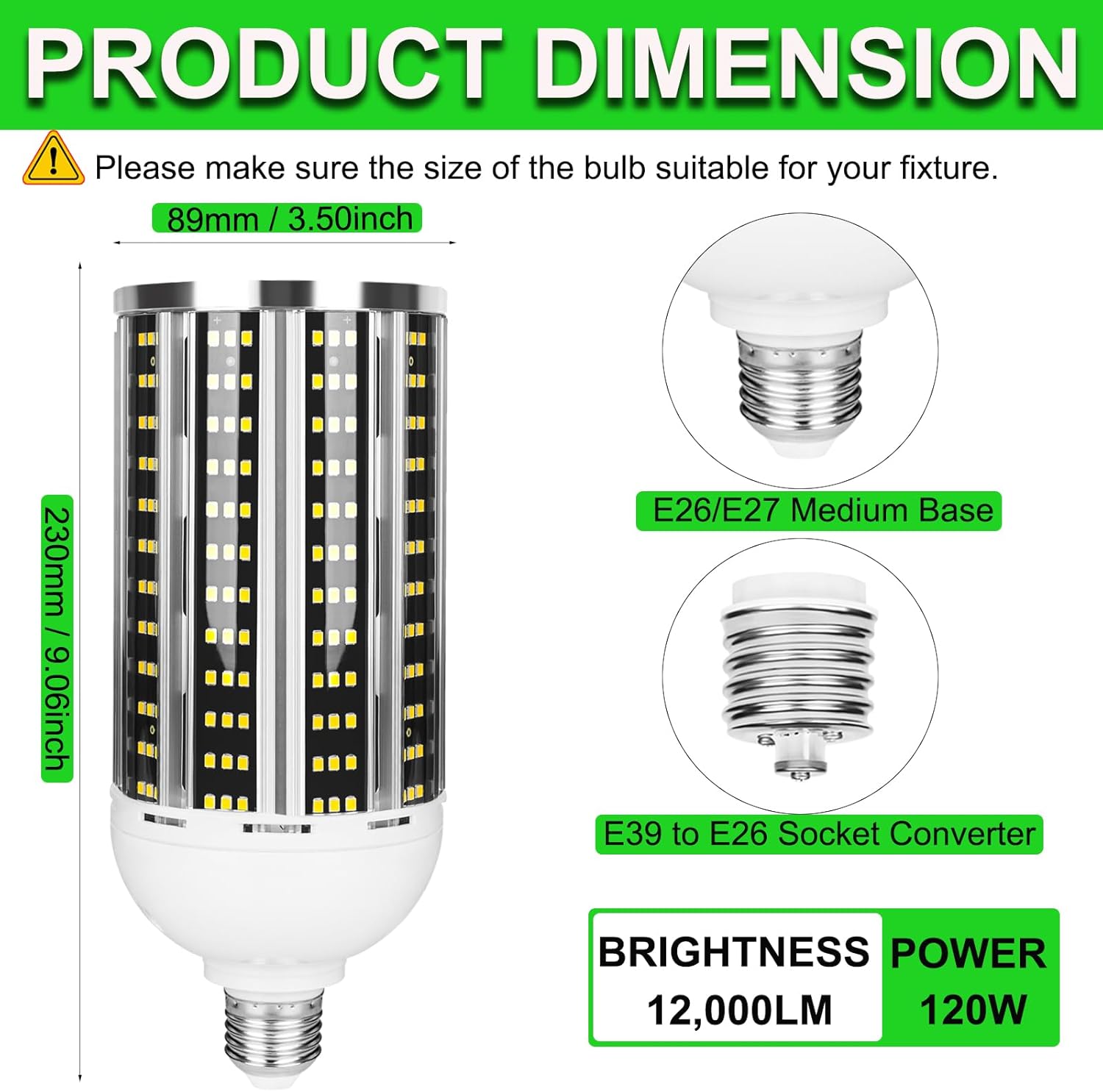 2 Pack 1200W Equivalent Led Corn Light Bulb, 12000 Lumen 5000K Daylight White 120W LED Corn Bulb, AC85-265V, E26/E39 Base LED Bulbs for Outdoor Indoor Warehouse Garage Basement Backyard Factory Barn