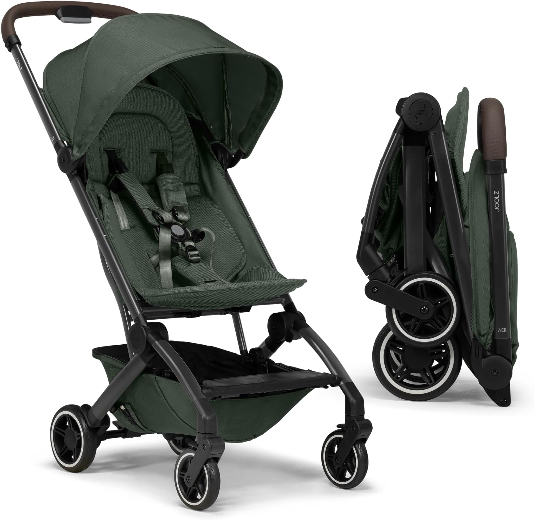 AER+ Lightweight & Compact Travel Stroller - Portable One-Hand Fold Design - Ergonomic Seat for Infant & Toddler (up to 50 lb) - XXL Sun Hood - Stroller for Airplane -Travel Pouch- Forest Green