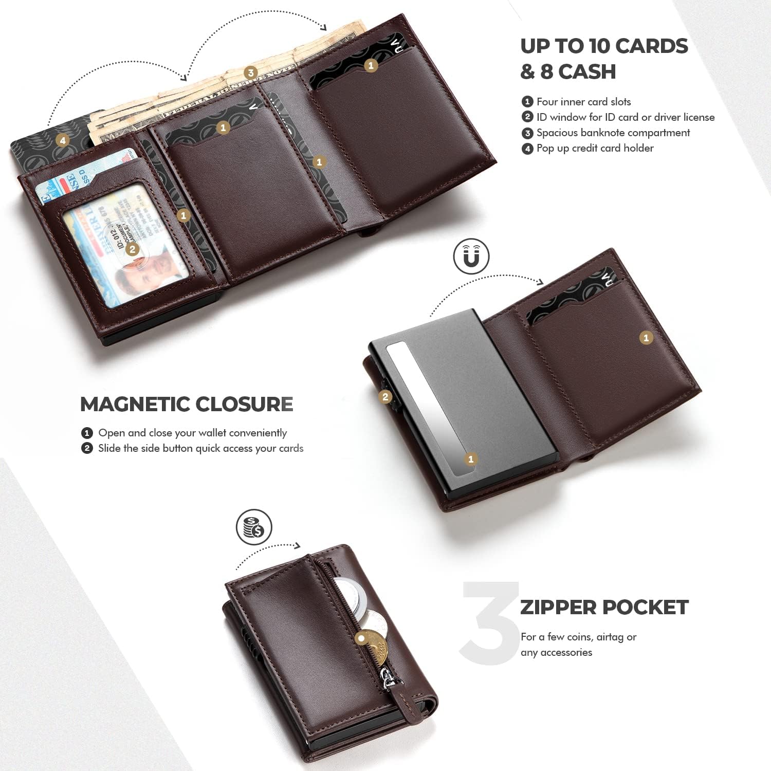 VULKIT Card Holder Wallet with Coin Pocket Magnetic Closure Pop Up Cards With ID Window Leather Wallet for Cash & Credit Cards | with Coin Pocket, Magnetic Closure, Pop Up Cards, With ID Window - Image 2