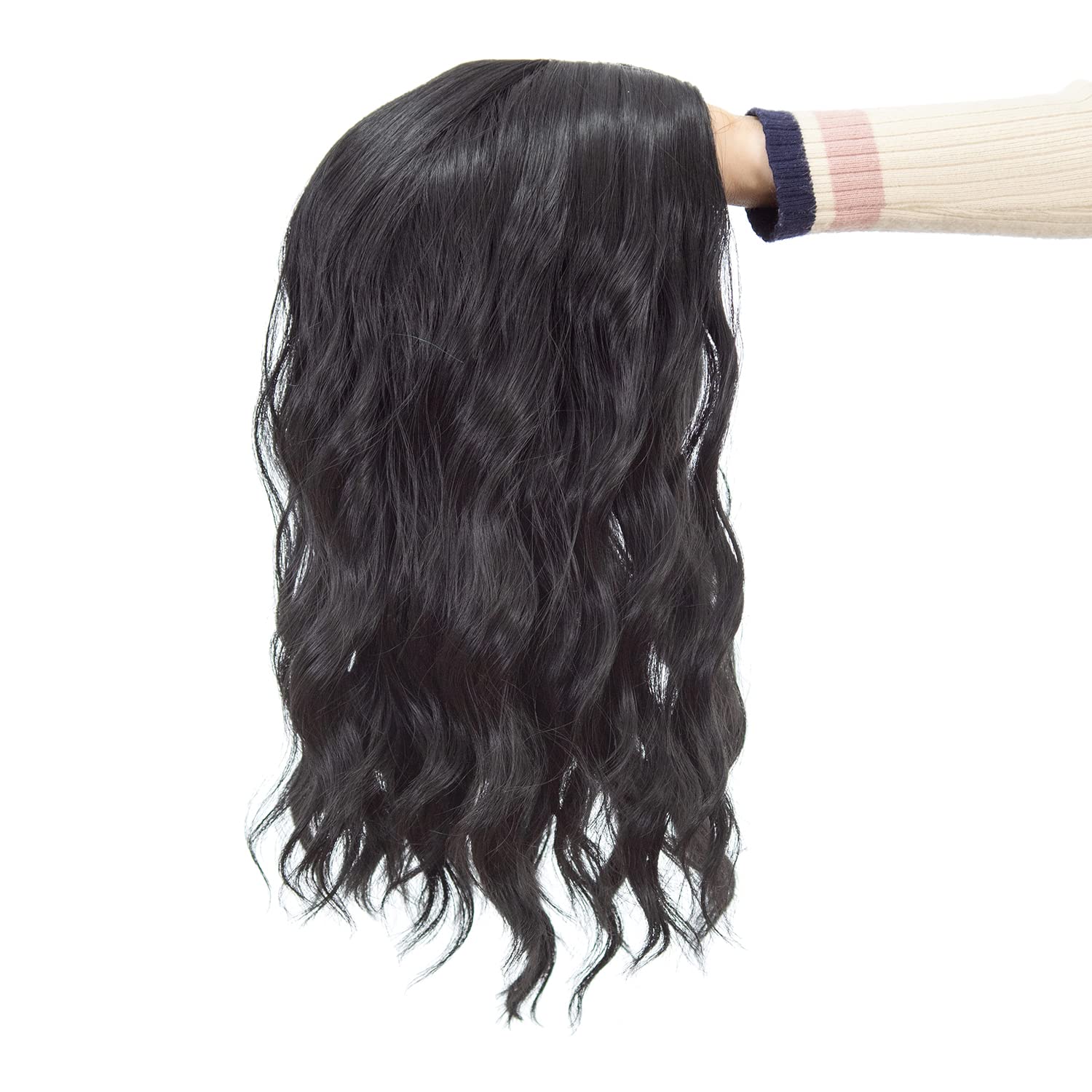 SWACC 15 Inch Short Curly Wavy Hair Wig Medium Length Synthetic Colorful Cosplay Daily Party Wig for Women with Wig Cap (1B#- Off Black)