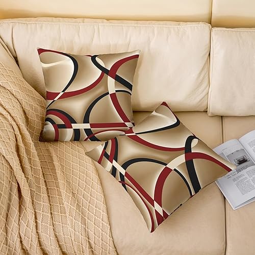 Miniatura 2 de Juego de fundas de almohada geométricas circulares de 16 x 16 pulgadas, diseño de líneas rojas, negras y marrones, funda de cojín decorativa para