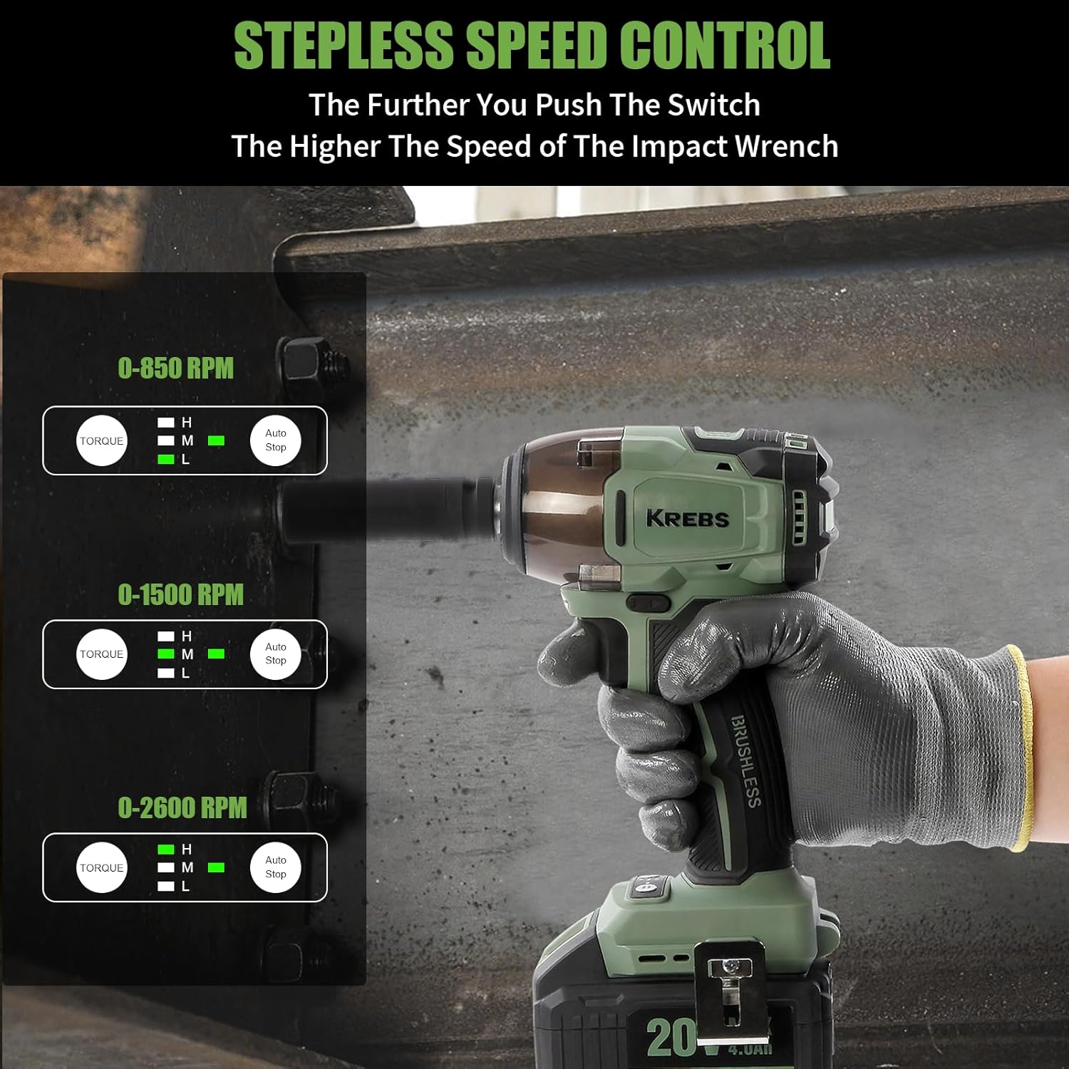 KREBS 20V Cordless Impact Wrench High Torque Max 260Ft-lbs(350N.m) Portable Impact Driver 1/2 inch Brushless with 6 Sockets 4.0Ah Battery Electric Power Wrench for Car, Workshop, Home, DIY Project