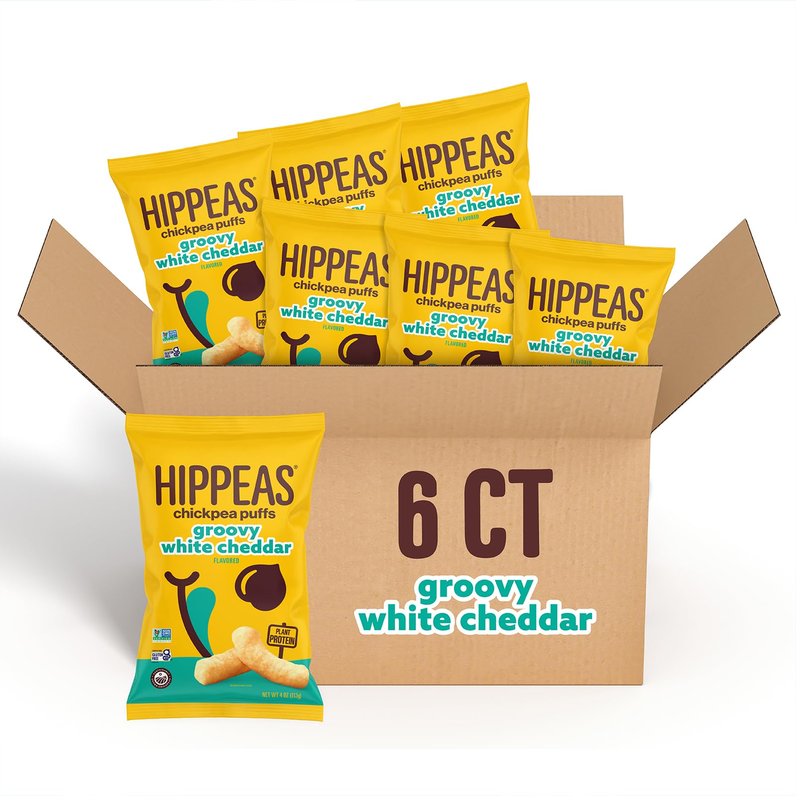 HIPPEAS Chickpea Puffs, Groovy White Cheddar, Gluten Free Snacks, Dairy Free, Vegan, 4oz, Pack of 6, 3g Protein, 2g Fiber, Crunchy, Nutritious, Baked Plant Protein Snack, Non-GMO, Kosher