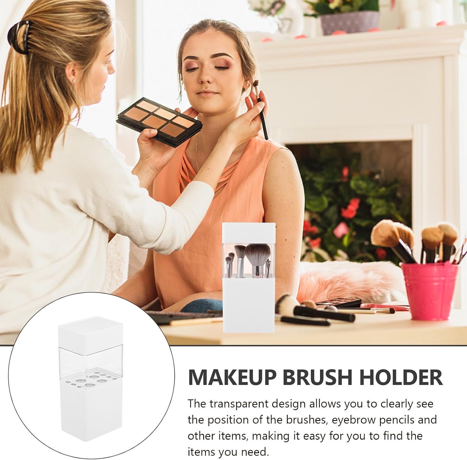 Plastic Makeup Brush Bucket with Lid, Compartment Holder for Dresser image 3