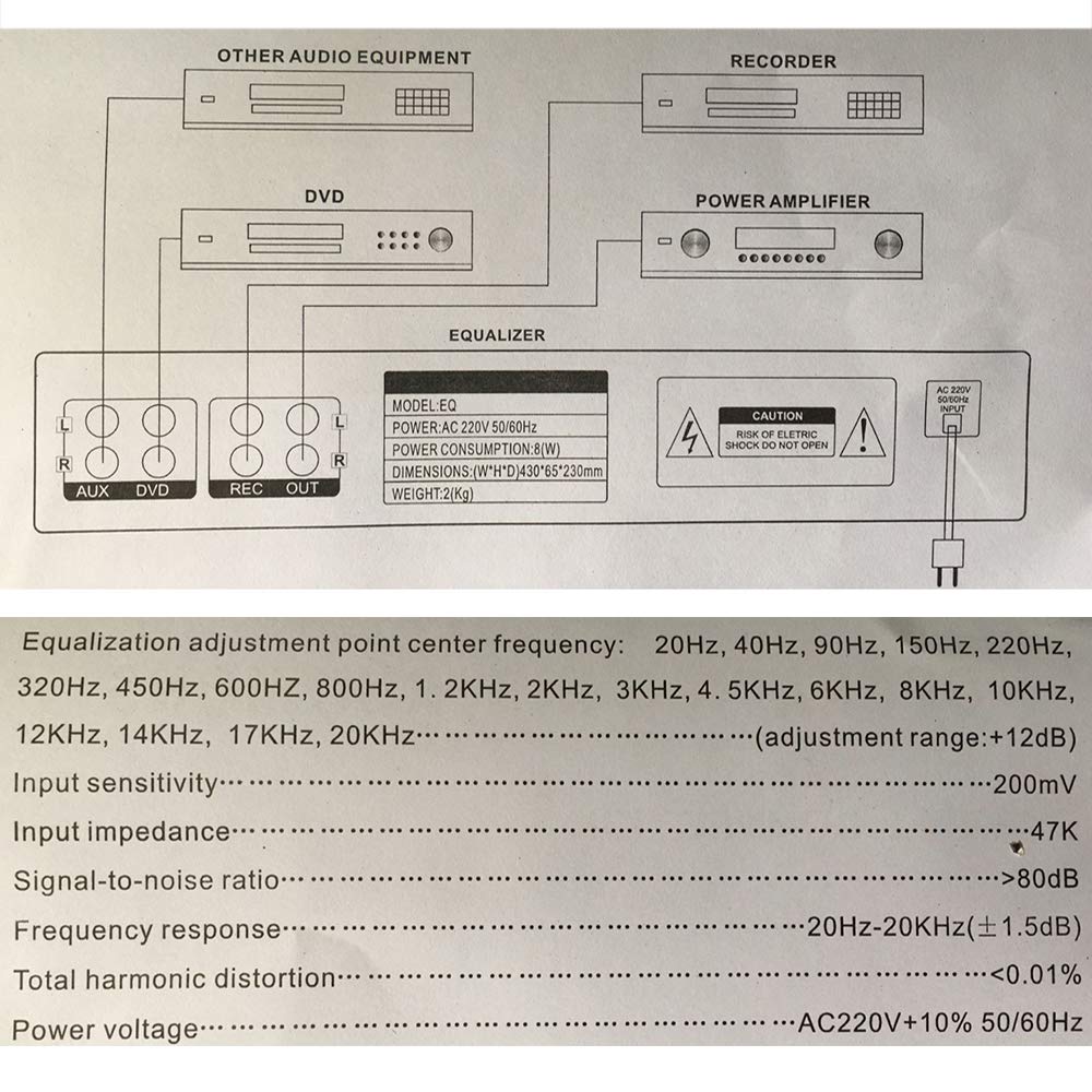 220V EQ665 Hifi Equalizzatore Domestico, Doppio Regolatore Stereo a 10 Bande Per Alti E Bassi Con Bluetooth Incorporato (Nero)