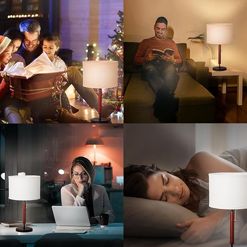 Miniatura 6 de Lámpara de mesa de mediados de siglo, lámpara de escritorio de granja con interruptor de cadena y pantalla de lino, lámpara de noche de metal negro