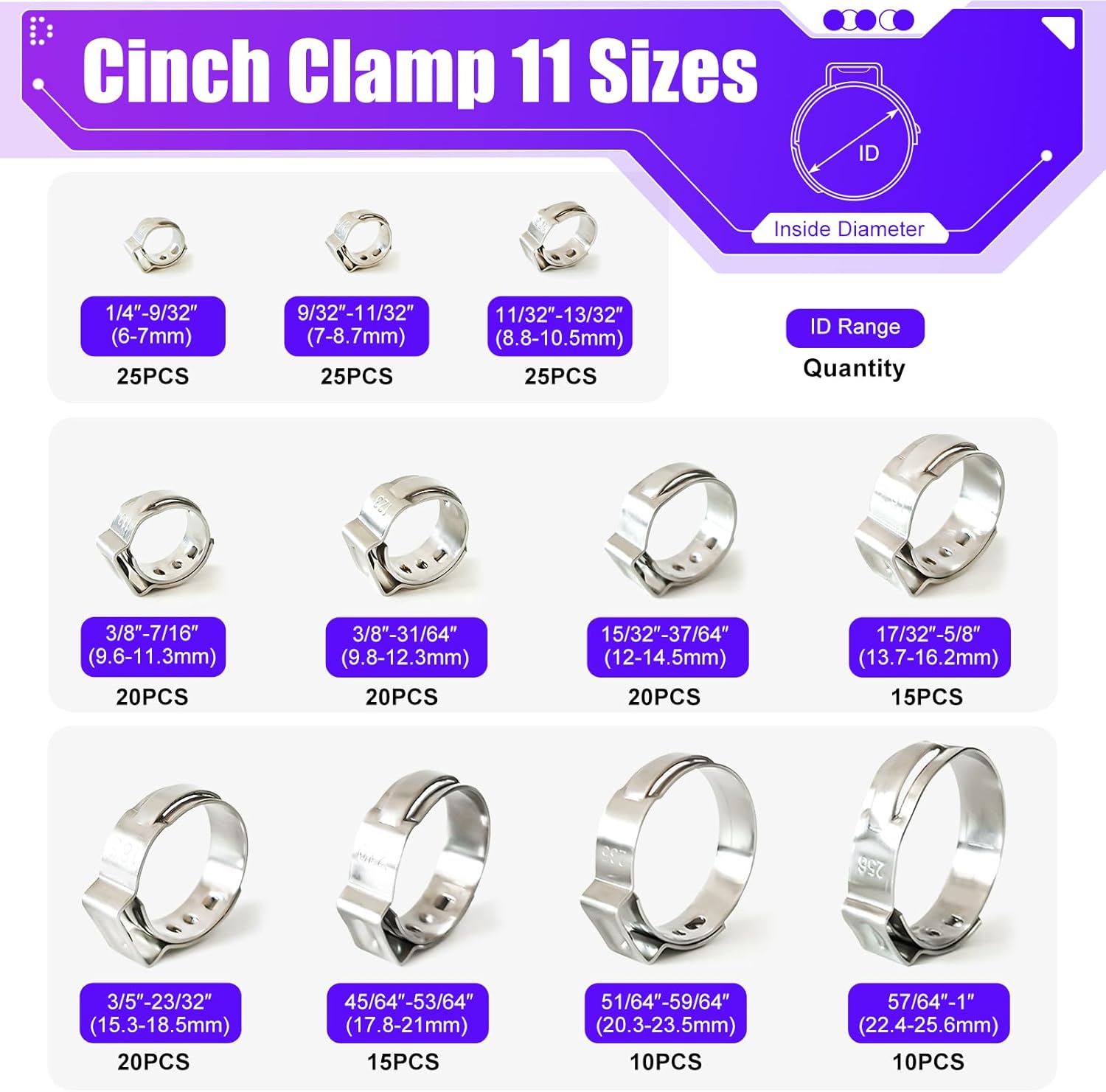200Pcs 6-25.6mm Single-Ear Hose Clamp Kit. Professional stainless steel crimping hose clamps for automotive, plumbing, and fuel line applications.