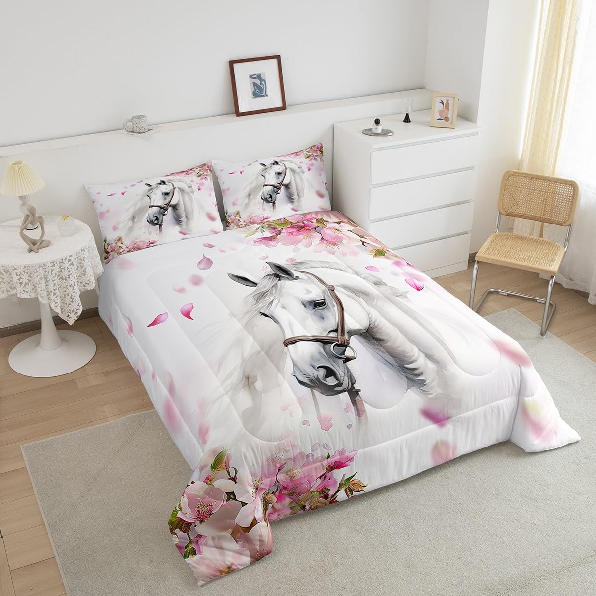 Erosebridal Juego de edredón de Caballo para niñas, tamaño Individual, Elegante, Juego de Ropa de Cama de Cerezo en Flor para niños y Adolescentes, Caballo Blanco galopante, Relleno de edredón de