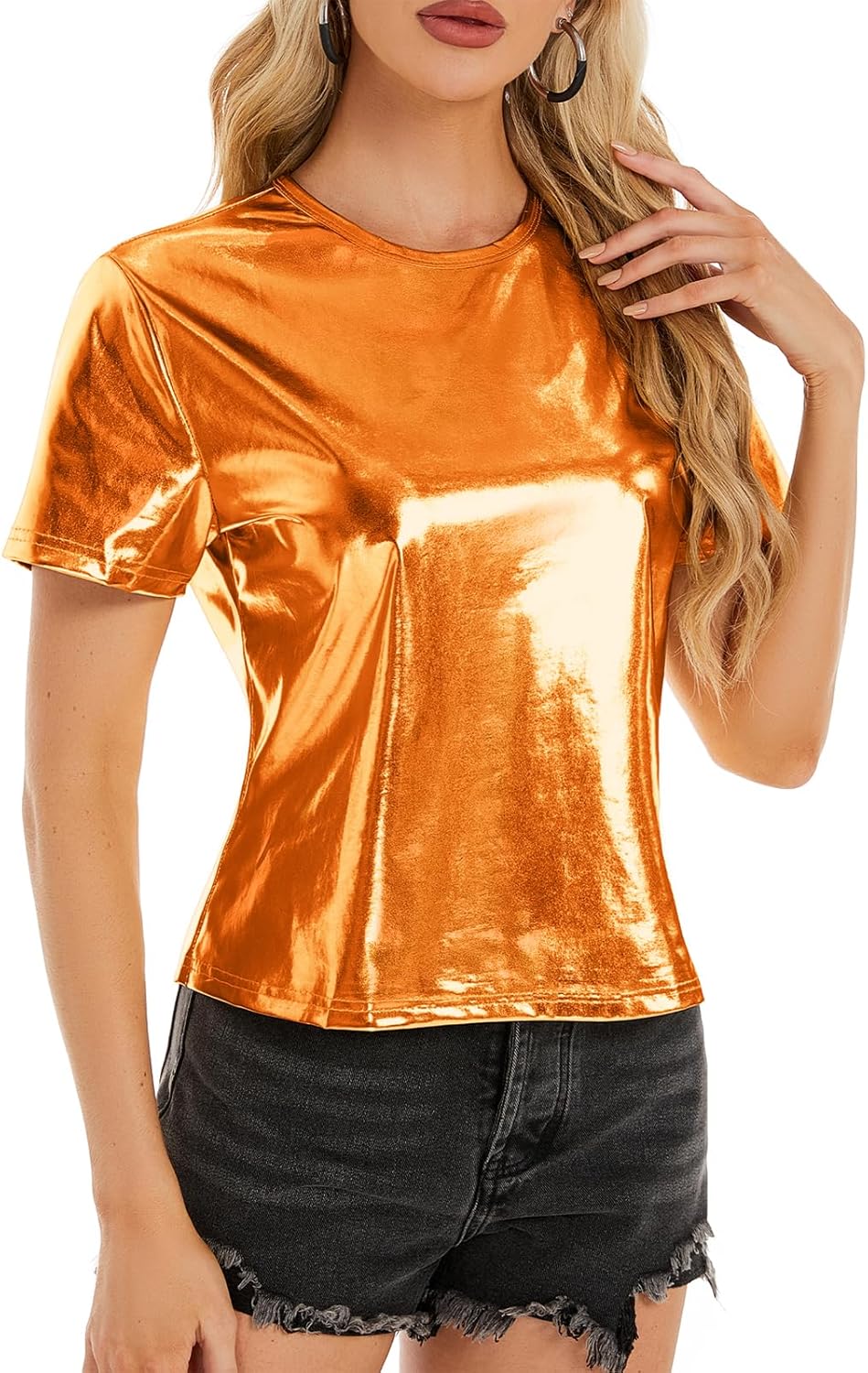 Metallic Disco Shirt Women Short Sleeve Shiny Multicolor Top Music Festival Outfit - Image 3