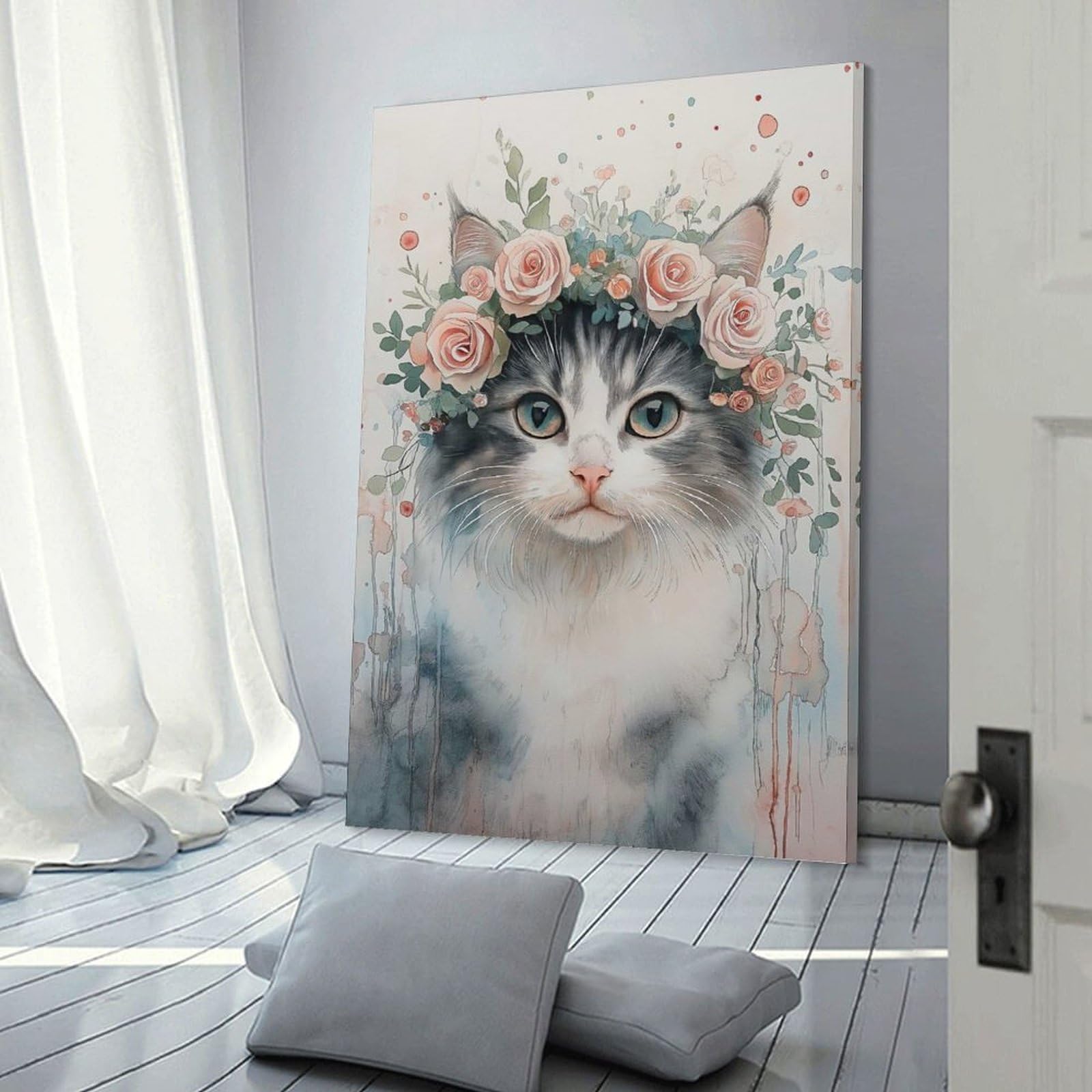 Junmoney Canvas Wall Picture Cat with Floral Crown, 24x36inch(60x90cm), for Restful Interiors, Bedrooms Or Small Rooms, Home Artwork with A Soft Interior Feel