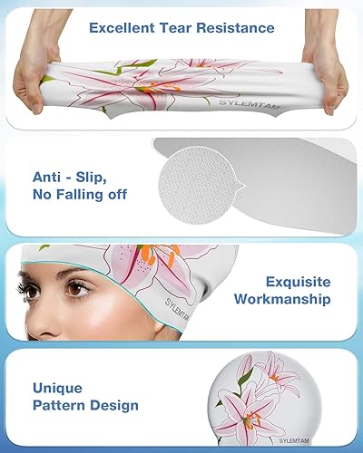 Miniatura 9 de SYLEMTAM Gorros de natación de silicona para cabello largo, impermeables, para mujeres adultas, cómodos gorros de natación aptos para cabello