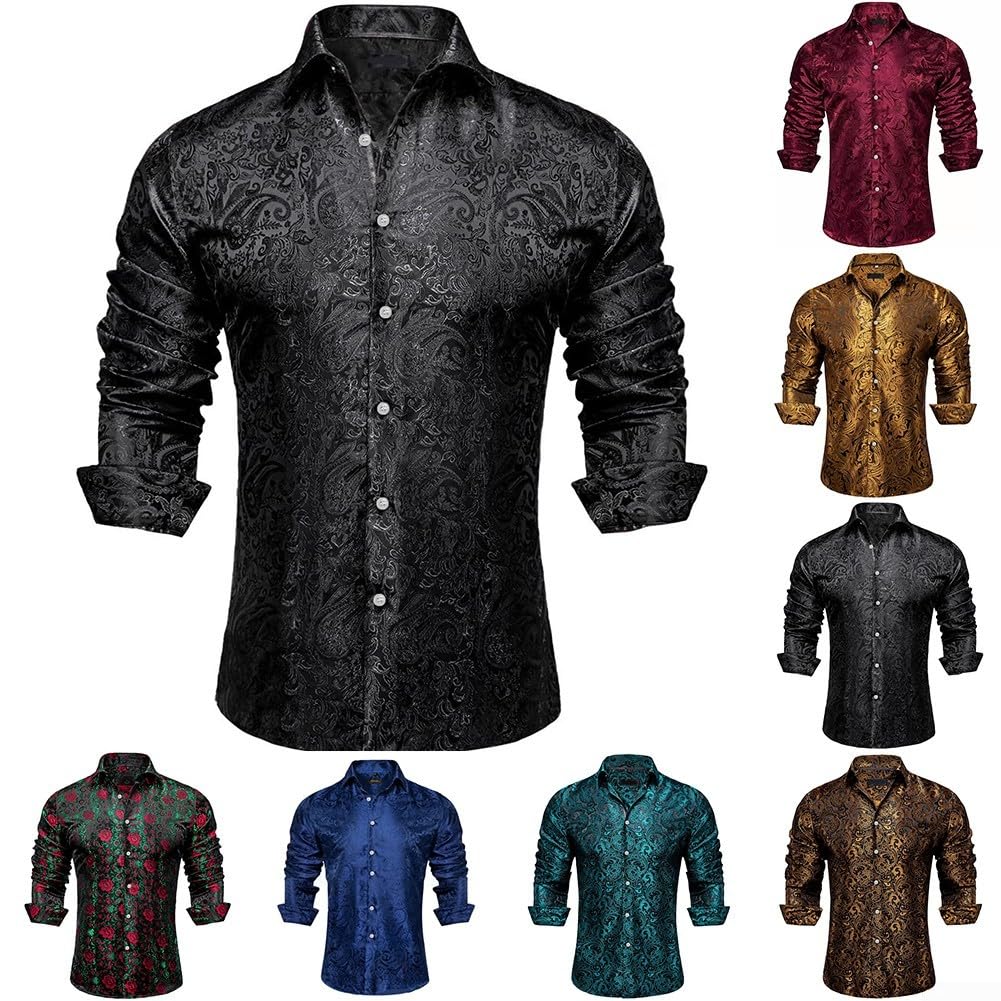 Camicia da uomo in seta a maniche lunghe stile smoking con motivo cachemire per eventi