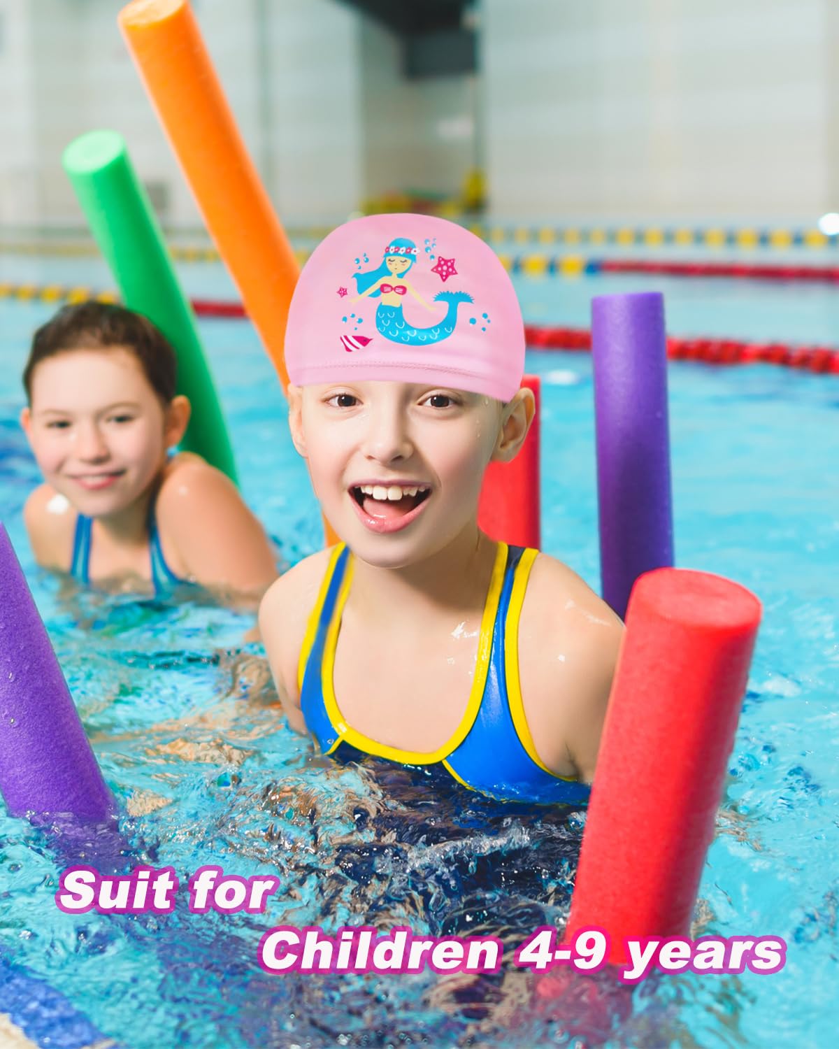 Kids Swimming Cap for Girls 4-9 Years, Swim Hat Boys, PU Material (Pink) - Image 4