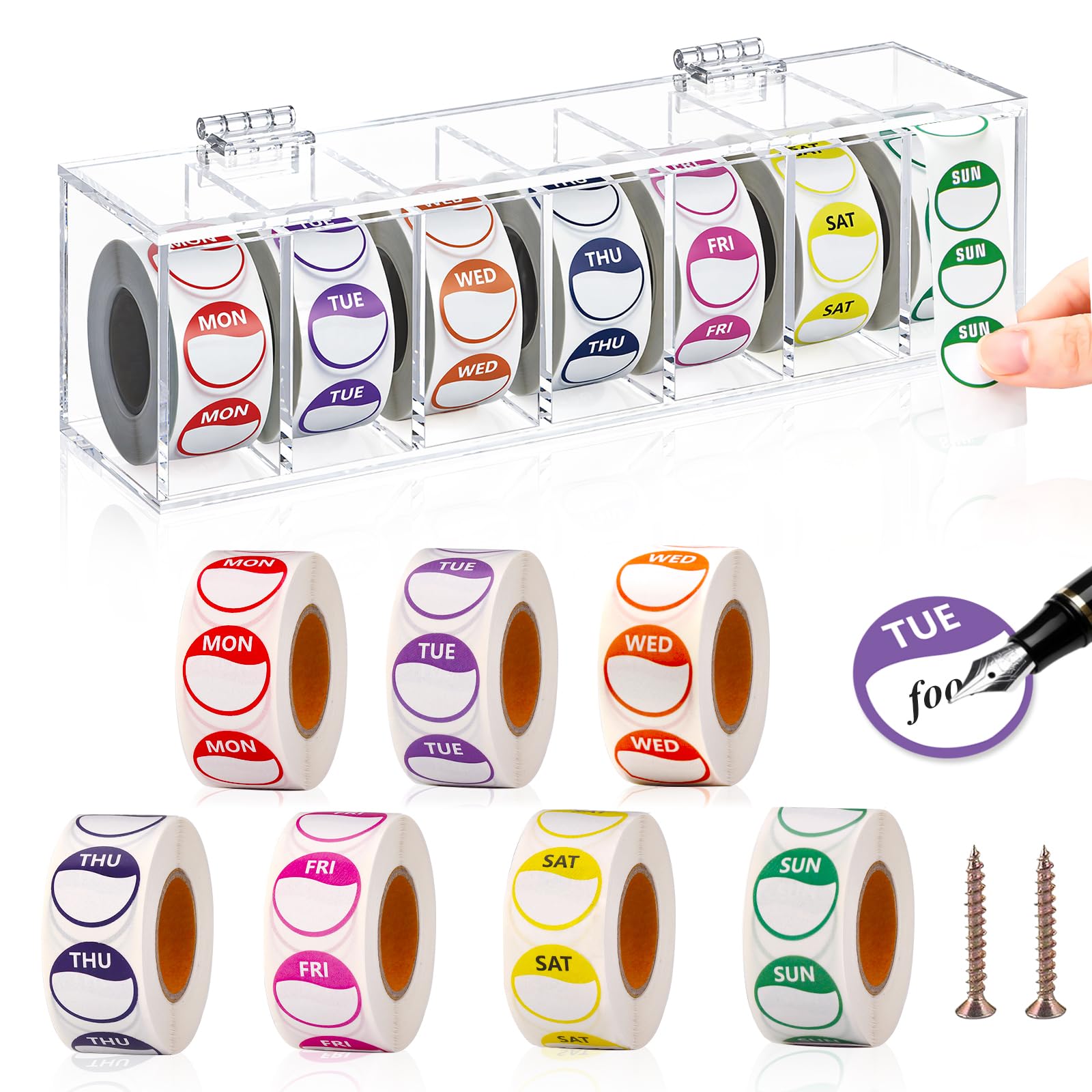 Lot de 3 500 autocollants 7 jours de la semaine 2,5 cm en acrylique pour distributeur de points alimentaires du lundi au dimanche pour cuisine, restaurant, date d'expiration