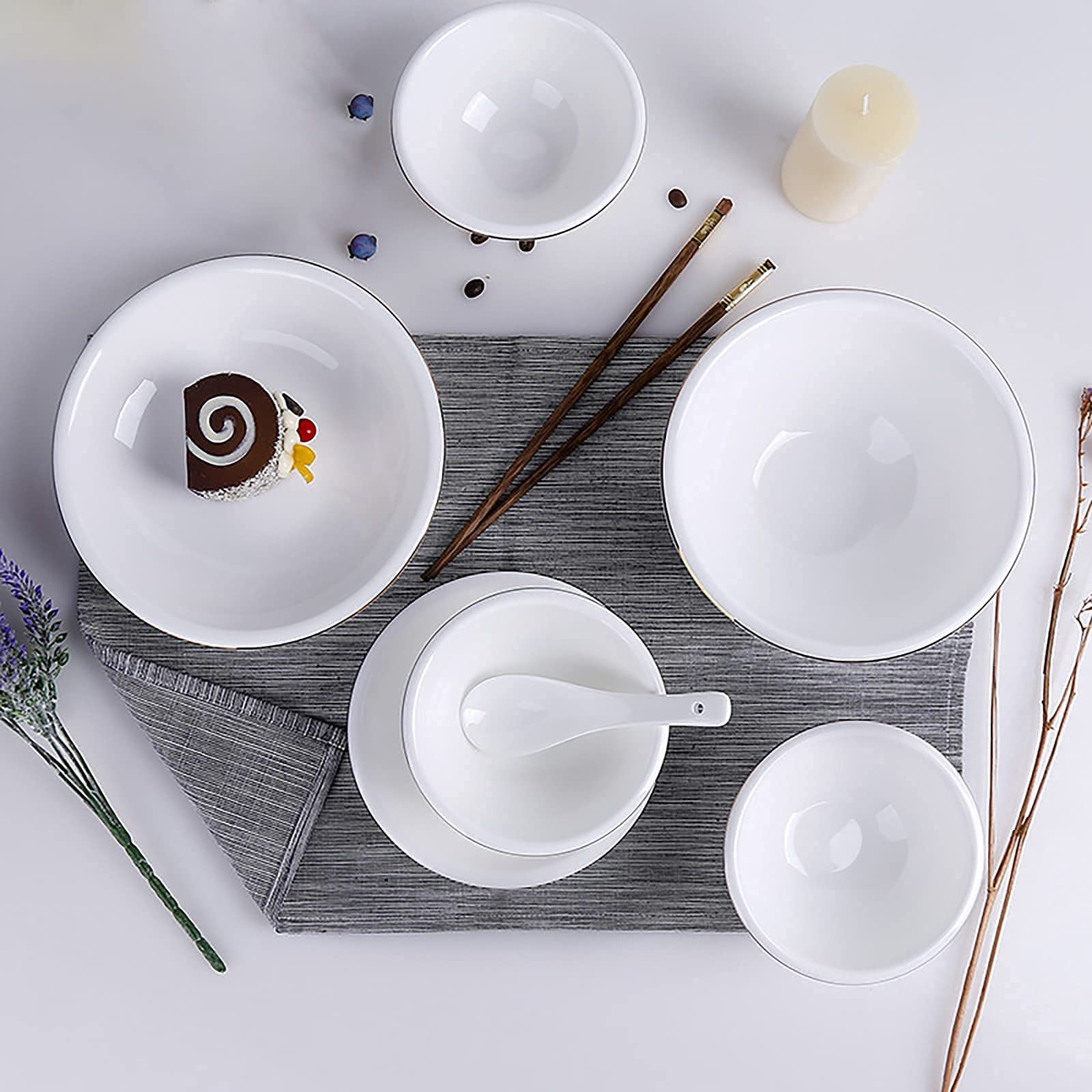 28-częściowy zestaw zastawy stołowej z porcelany kostnej – elegancka porcelanowa zastawa stołowa ze złotą krawędzią zawiera okrągłe miski na płatki i talerze obiadowe dla 8 osób, idealna do domu i