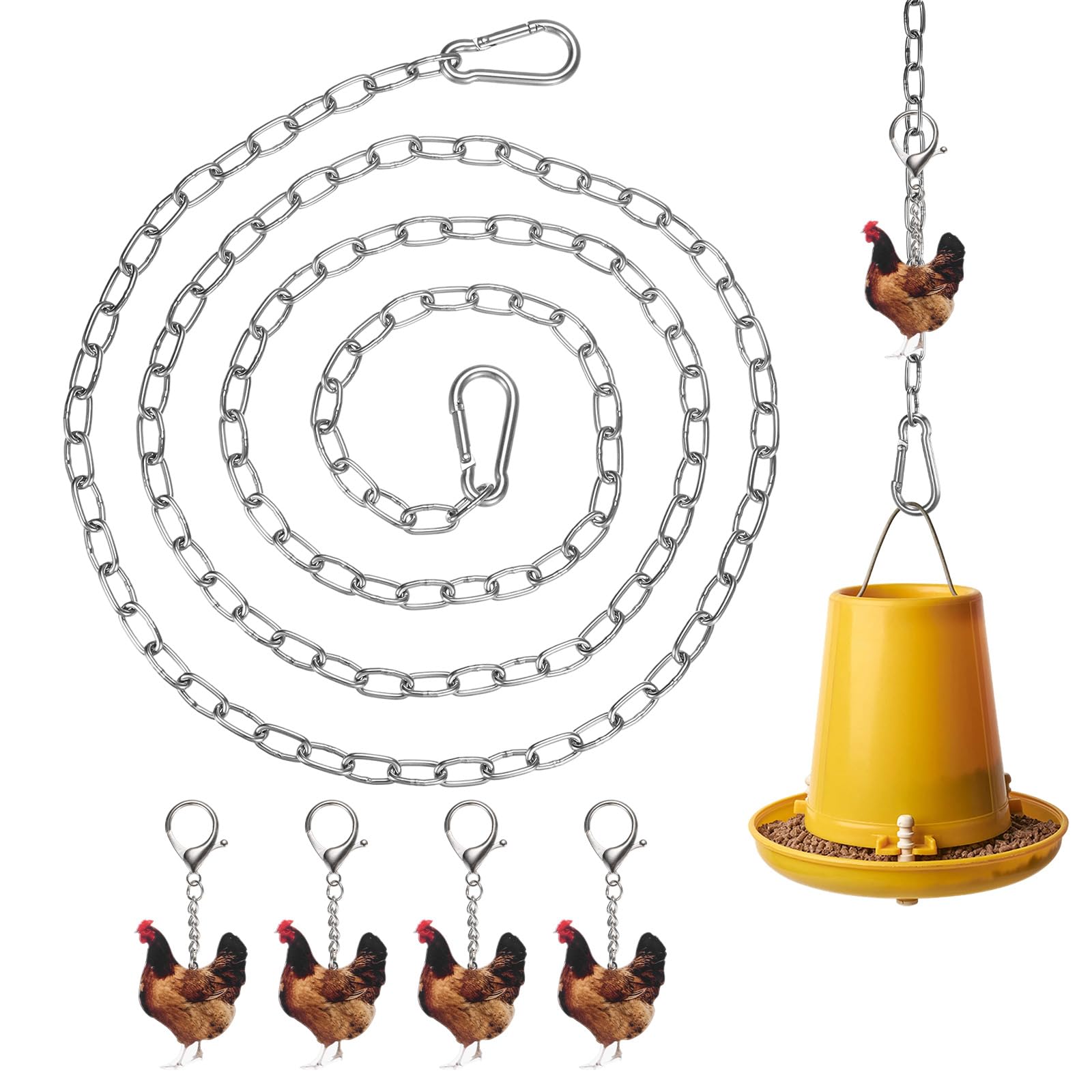 M METERXITY 1-Set 4.92Ft Hanging Chain with 2 Hooks and 4 Chicken Pendant, Stainless Steel Hanging Swing Chain for Bird Feeders/Chicken Bird Coop Accessories/Planters/Waterer [Silver]