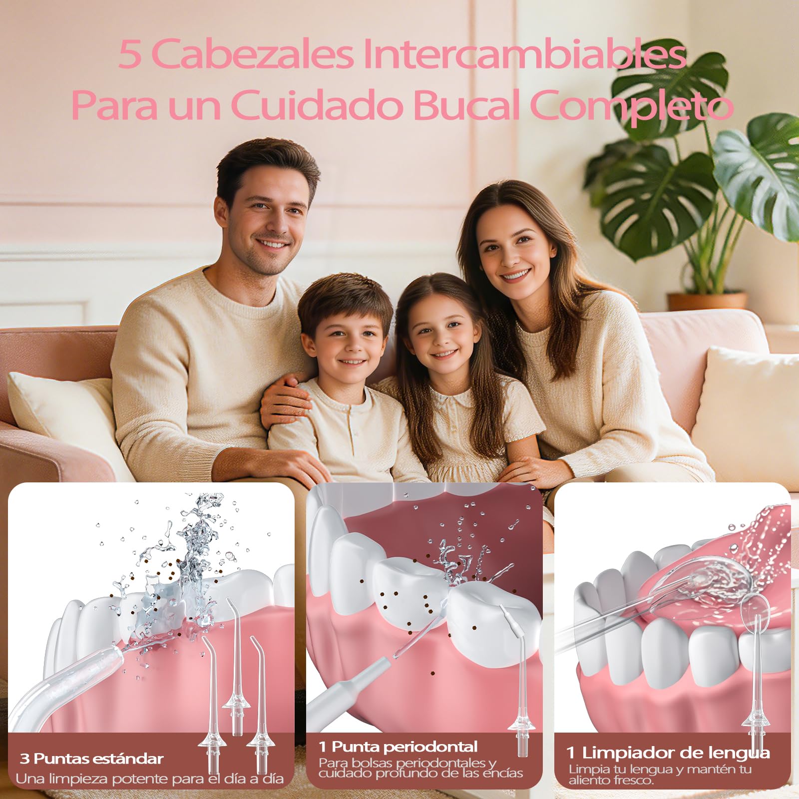 OasiSmile Irrigador Dental Portátil, 350 ML Irrigador Bucal con Tecnología DIY Autoajustable, 5 Boquillas y 4 Modos, Ideal para Ortodoncia y Encías Sensibles, IPX7 Recargable para Viaje Hogar, Rosa