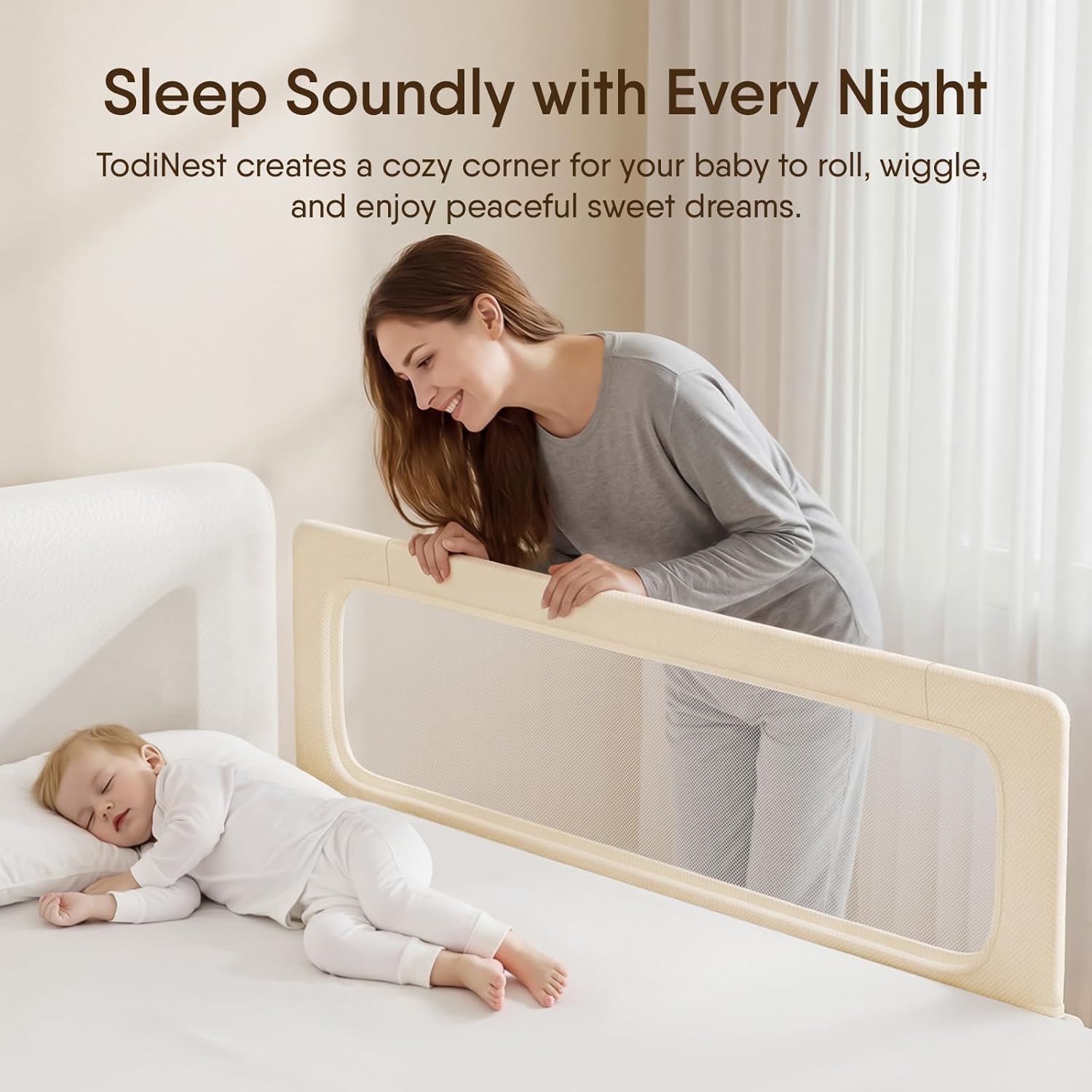 Folding Bed Rail for Toddlers, Baby Bed Rail Guard with Reinforced Anchor Safety System, Toddler Bed Rails for King Size Beds, Twin, Full, Queen (Khaki, 71" L x 21.6" H)