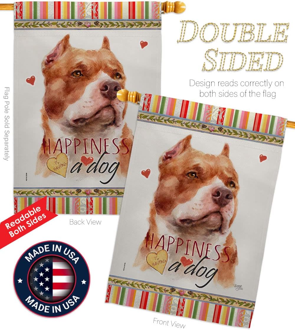 Breeze Decor Fawn Pitbull Happiness House Flag Pack Dog Puppy Spoiled Paw Canine Fur Pet Nature Farm Animal Creature Vintage Applique Banner Small Garden Yard Gift Double-Sided, Made in USA