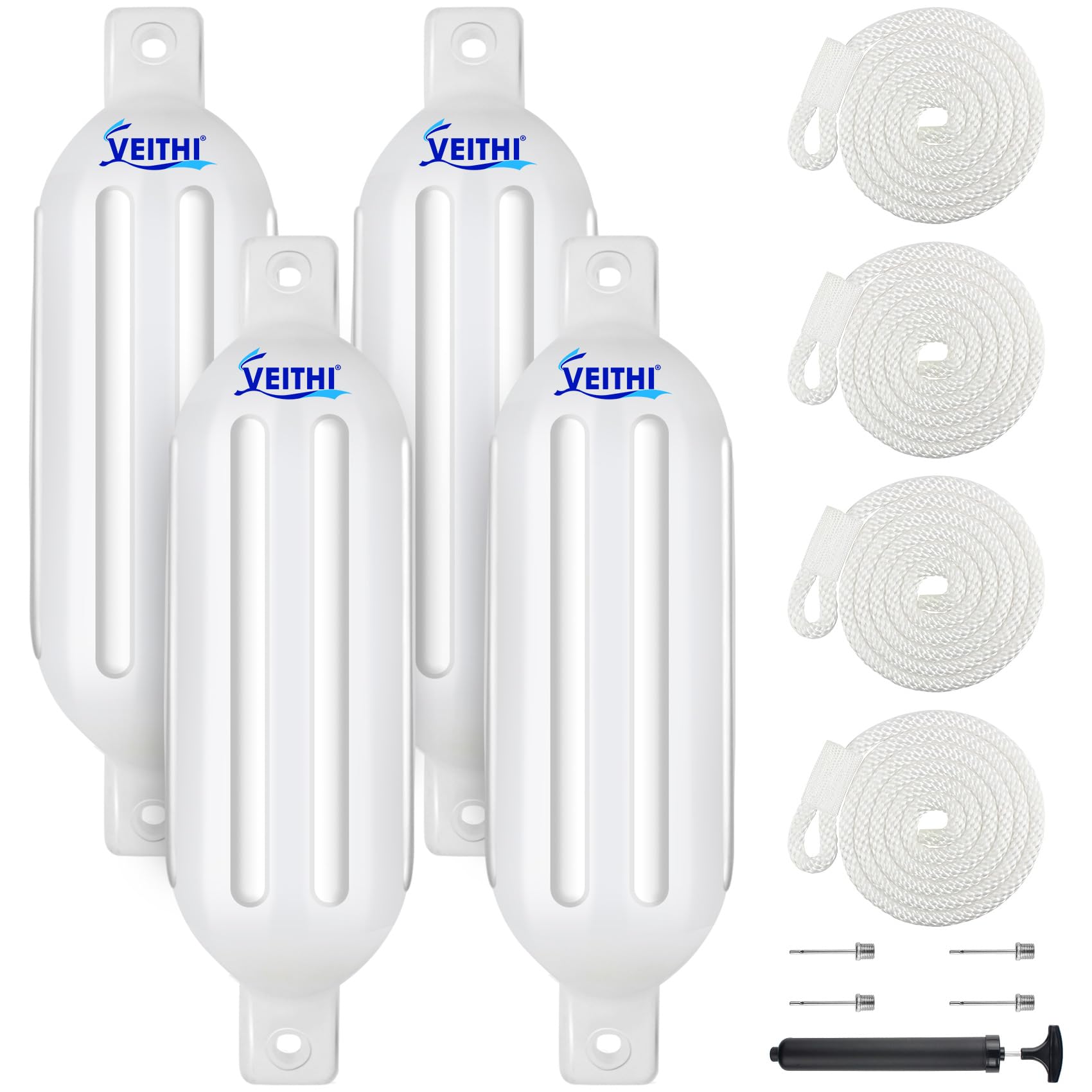 VEITHI 4.5/5.5/6.5/8.5/10/16 inch Boat Fenders 4 Pack,Ribbed Twin Eyes Vinyl Boat Bumpers Fenders,Boat Bumpers for Docking Come with Ropes Needles and