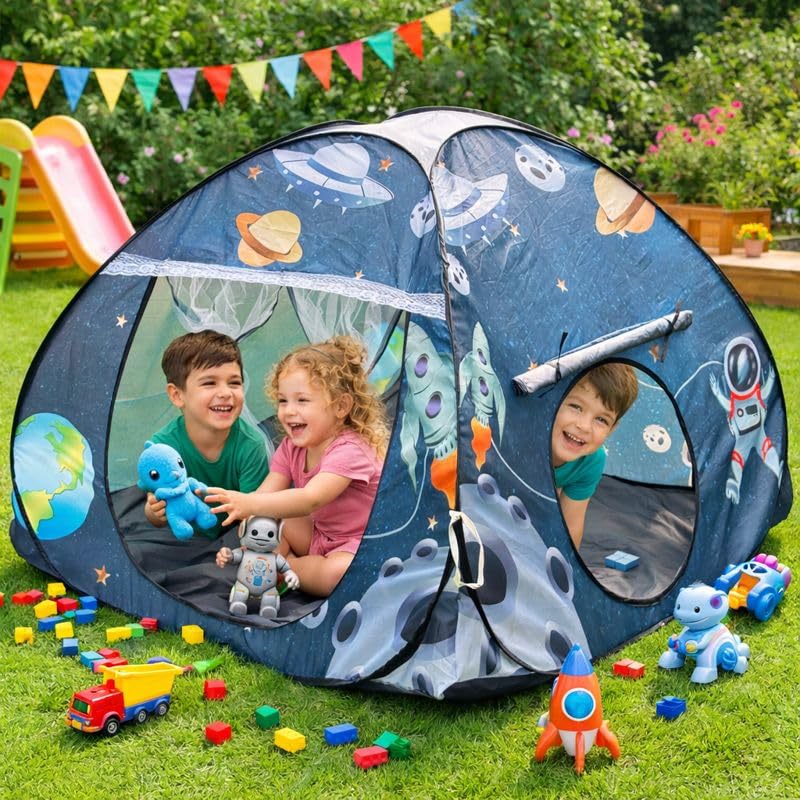 Image of Foldable Play Tent House Big Size for Girl Boys with Planet Theme Pop-Up Indoor & Outdoor Play House for Girls Boys| Multi Purpose Tent House with Fun Patterns Easy Setup & Portable (Planet Blue)