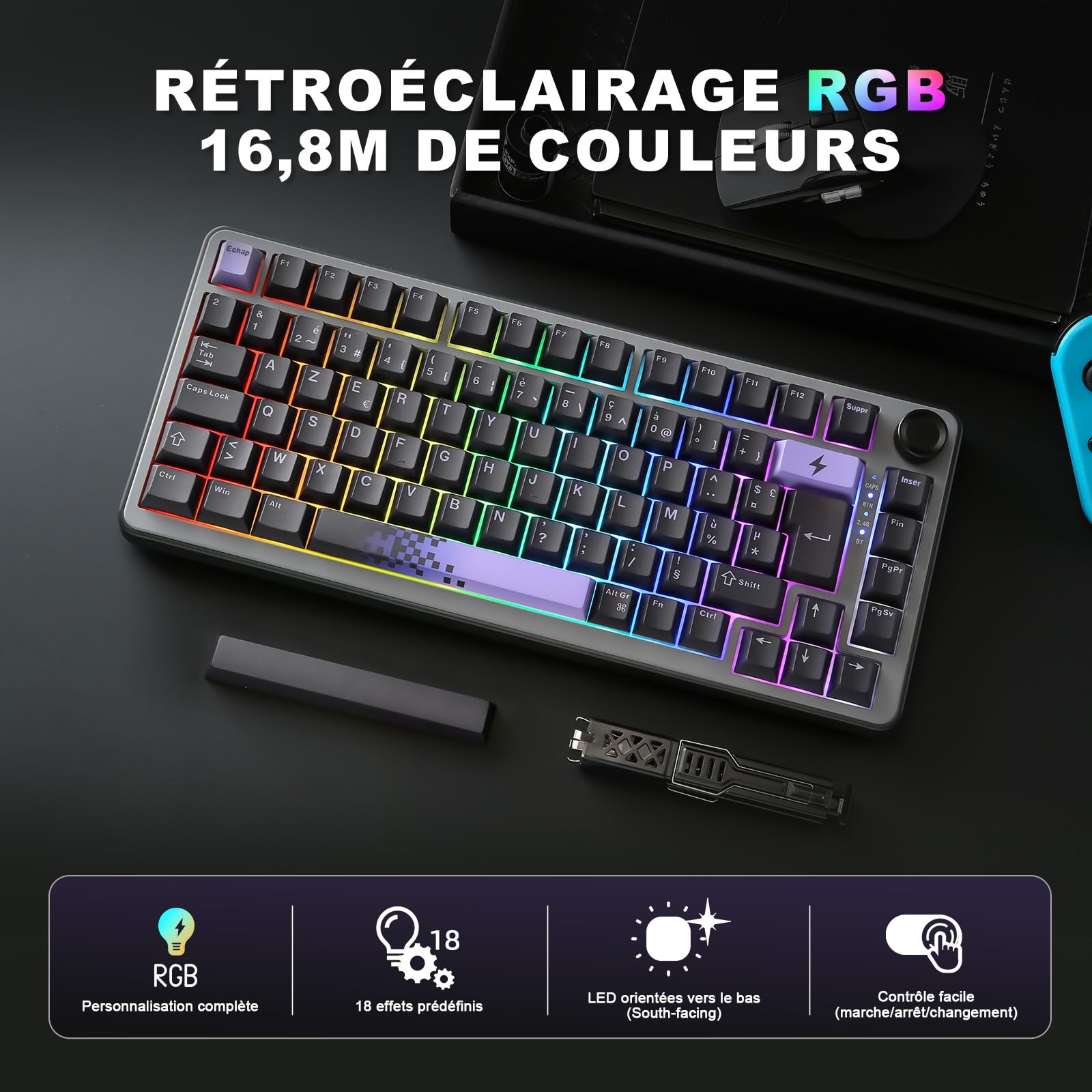 YUNZII B75 Pro FR AZERTY Clavier Gamer sans Fil (Noir, Milk V2 Switch) | Français Disposition 75% , Bluetooth 5.0 / 2,4 / USB-C Filaire, RGB, Hotswap, Structure Gasket, Touches PBT