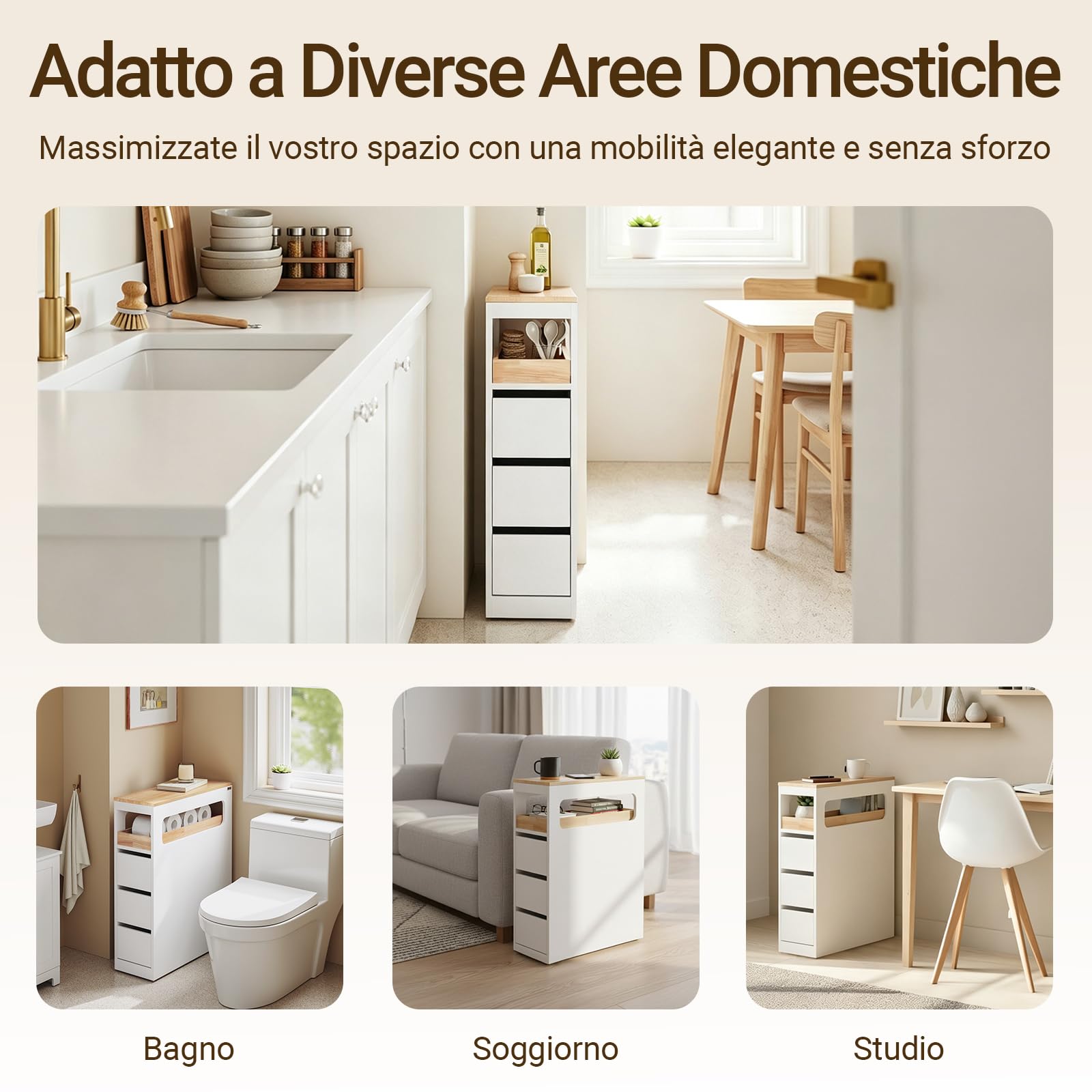 SoBuy Carrello Cucina Mobiletto Salvaspazio con Ruote 65x23x82cm | con Piano Di Lavoro, Cassetto E Ripiani Aperti, Carrello Portaoggetti Per Cucina, Bianco, BZR54-II-Wc