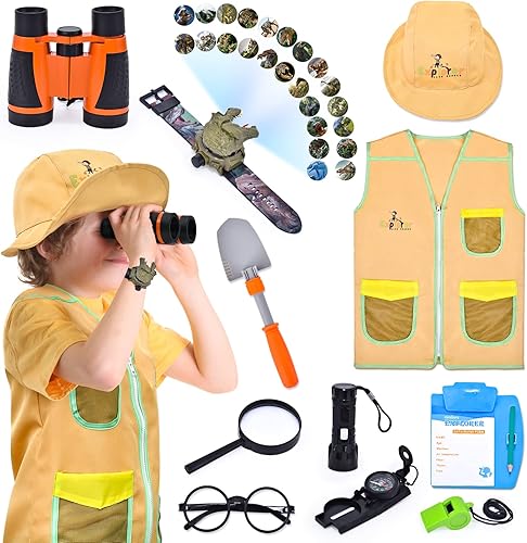 Lorfancy Kit de explorador de 11 piezas para niños disfraz de safari para niños y niñas conjunto de aventuras al aire libre chaleco de sombrero