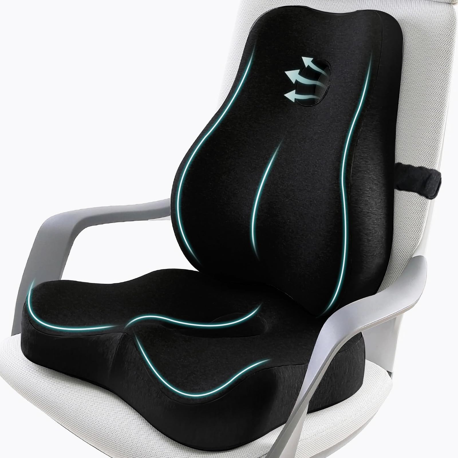 Seat Cushion & Lumbar Support Pillow Set for Office Chair, Ergonomic Pillow for Sciatica Pain Relief, Memory Foam Back Support Pillow & Chair Cushion for Gaming Chair and Travel (Black)