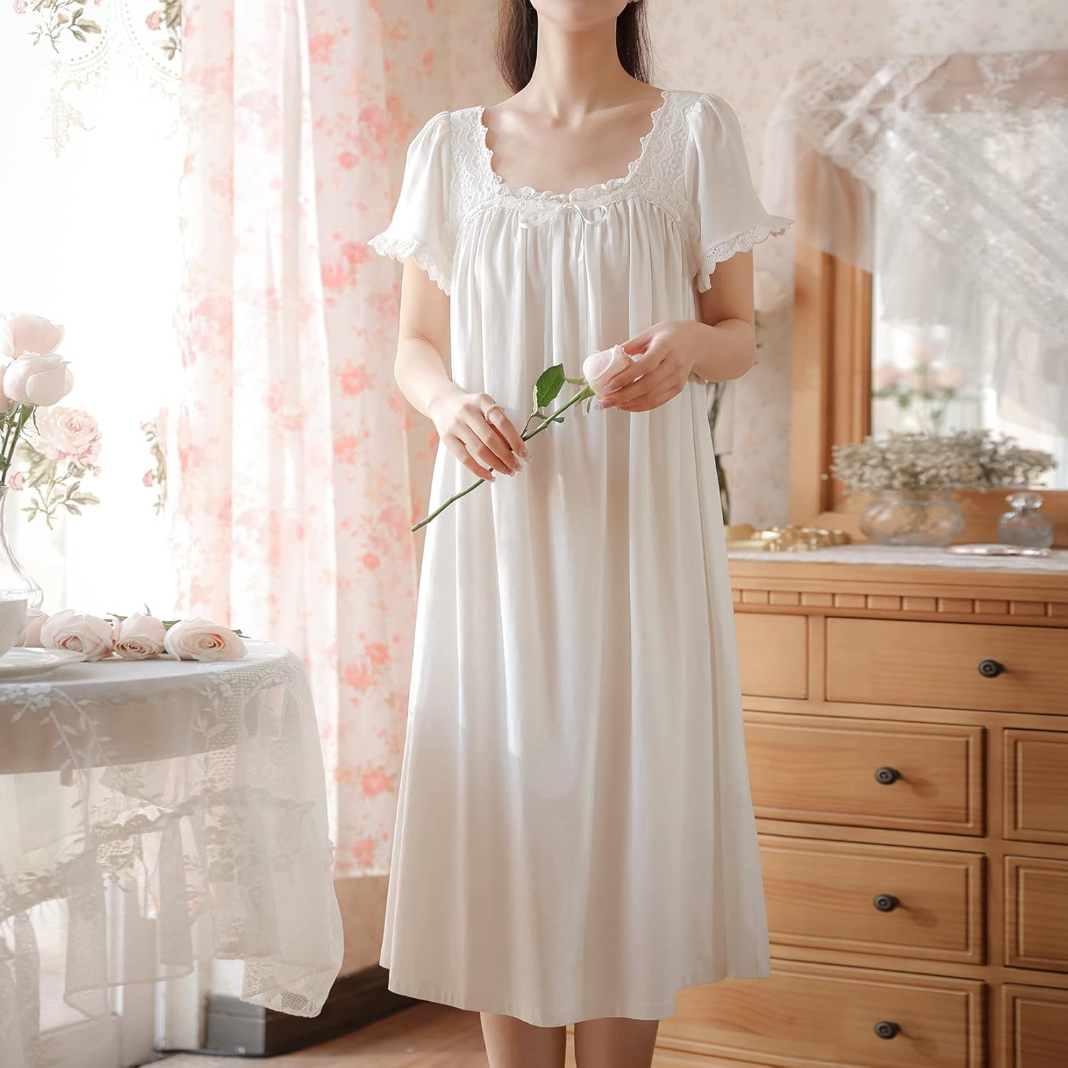 Women's Cotton Victorian Nightgown Soft Long Sleep Dress Short Sleeve Princess Pajama Shirt Sleepwear - Image 3