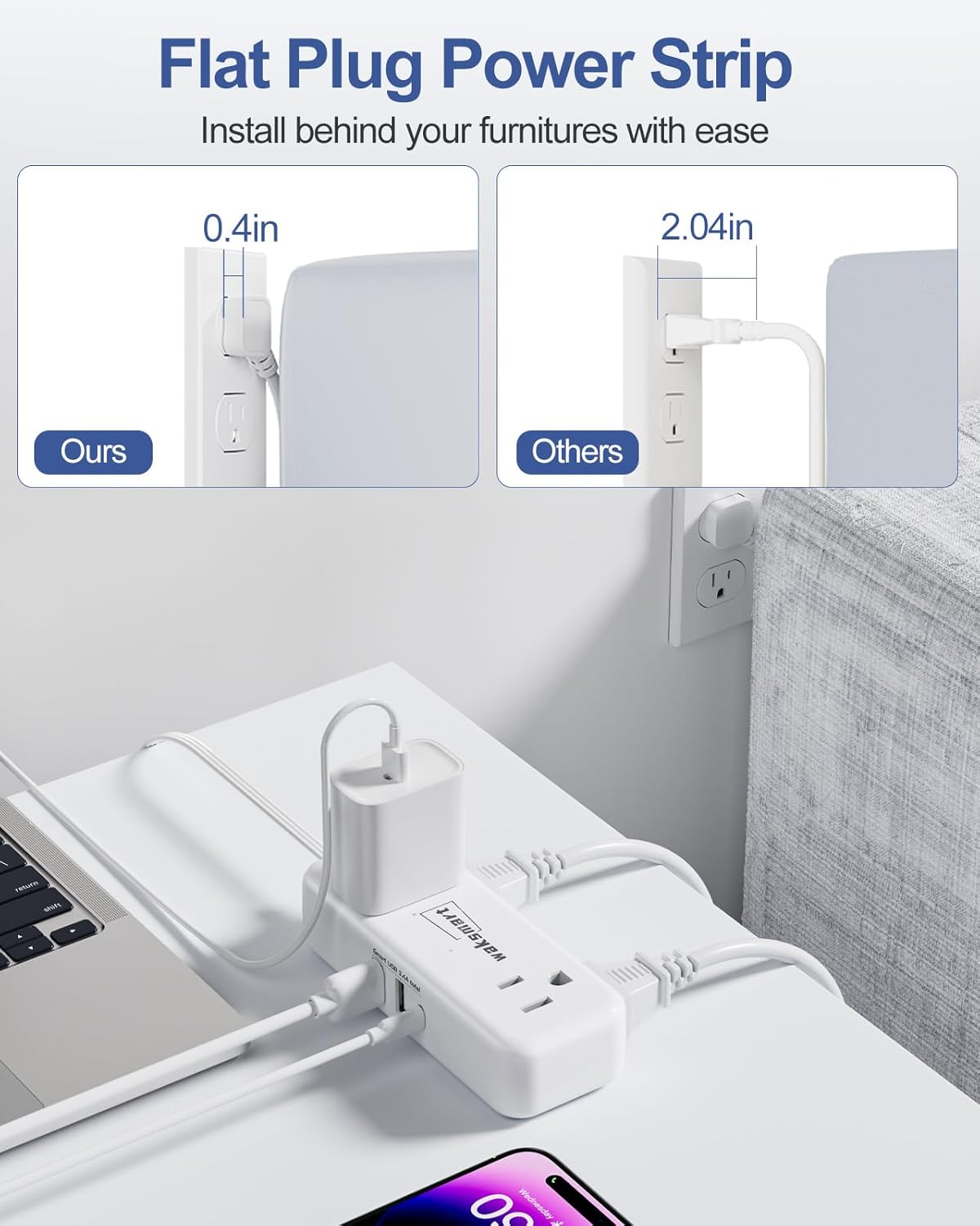 Flat Extension Cord 6 Feet - 4 AC Outlets 3 USB Ports (5V/3.4A 17W), Flat Plug Power Strip Compact for College Dorm, Travel, Cruise, Home, Office