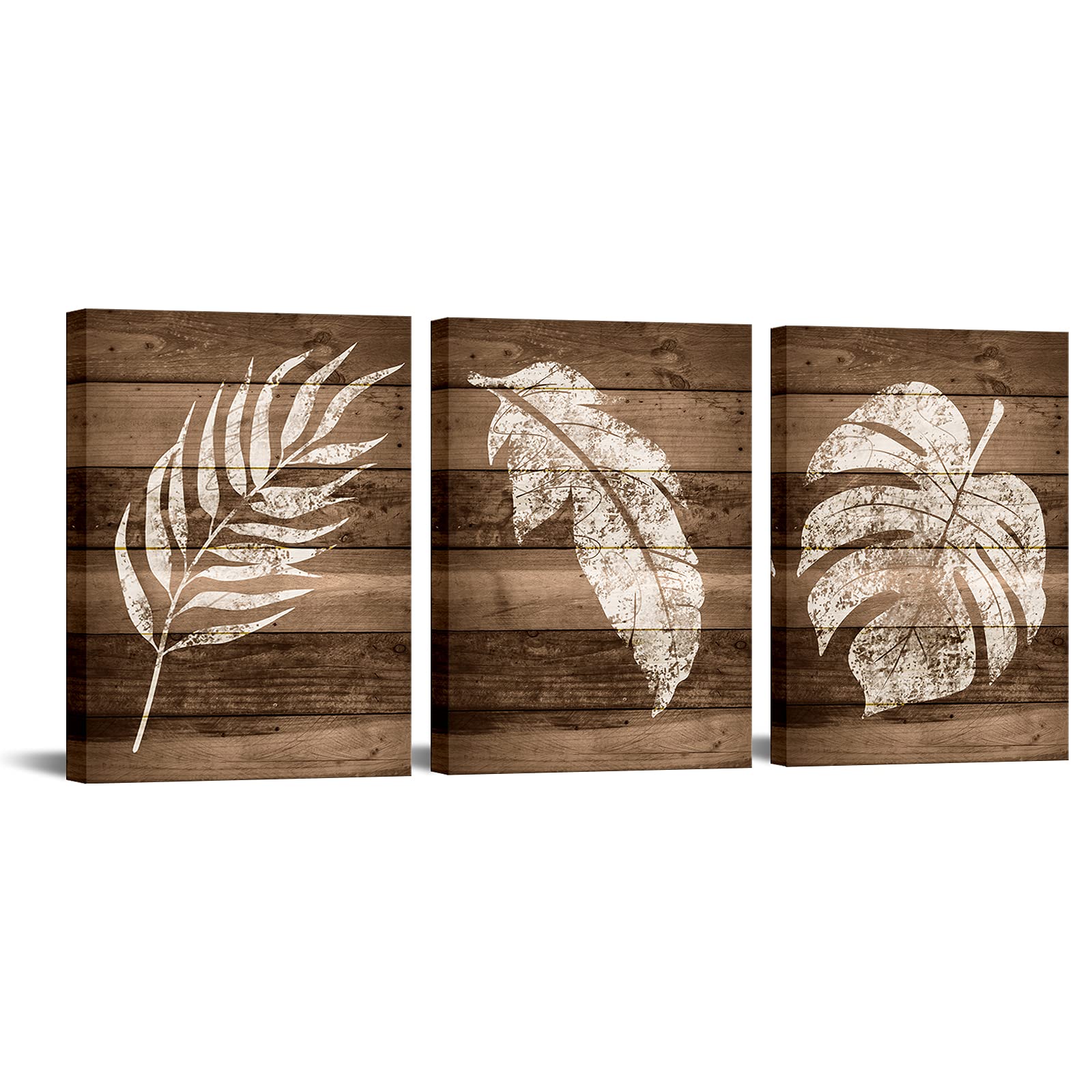 OuElegent Tropical Leaves Canvas Wall Art Palm Leaves on Brown Vintage Wood Board Pictures Prints Rustic Plant Painting Artwork for Kitchen Living Room Farmhouse Framed Ready to Hang 12"x16"x3 Panels