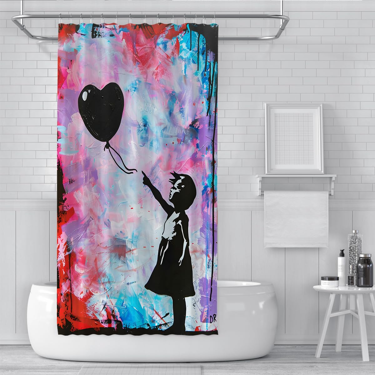 Niña Globo Corazón Cortina Ducha Rosa Azul Graffiti 180x220cm