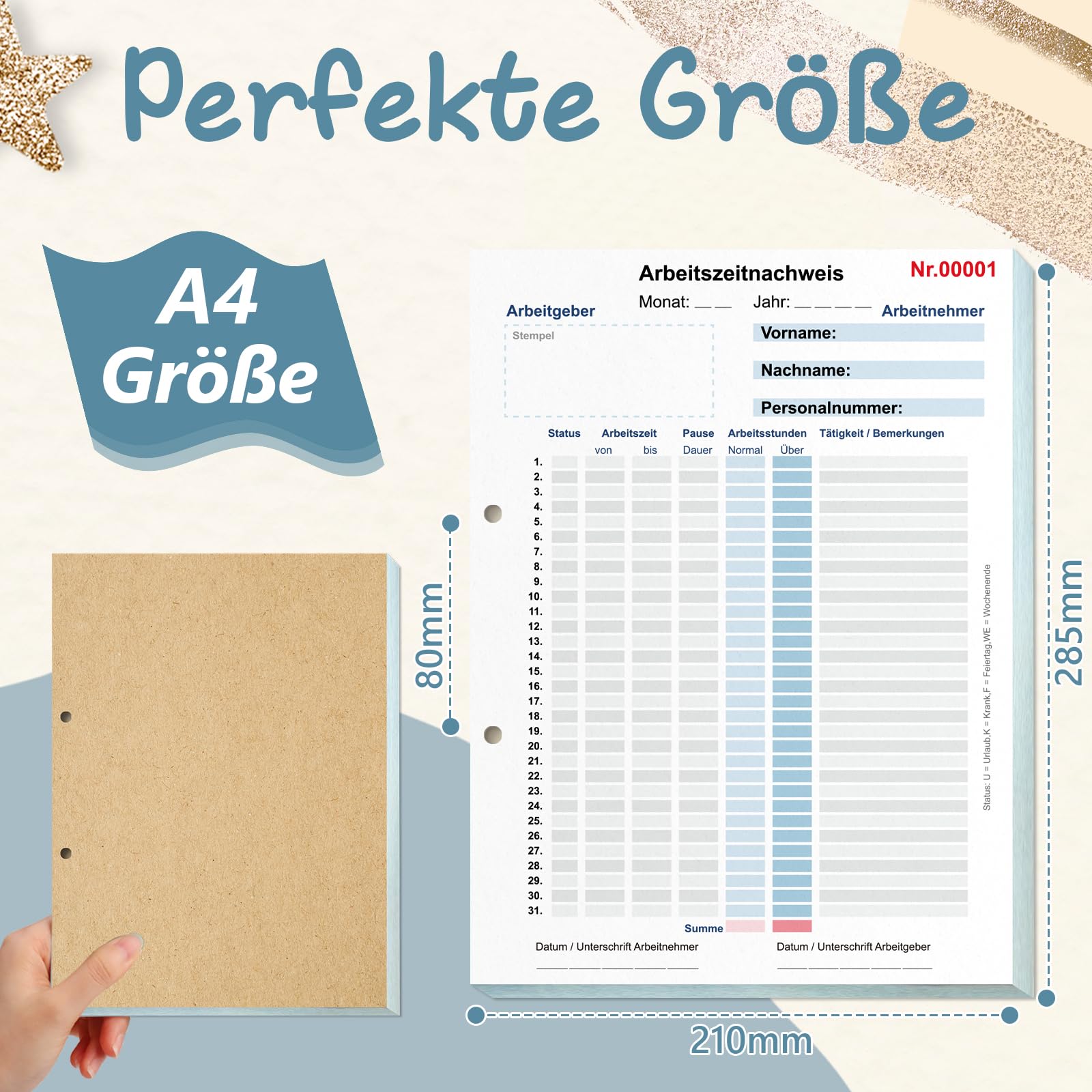 1 Book of Hours Book for Work A4 Work Time Project Pad for 31 Days Monthly with Back Cardboard Work Time Entry Book Timetable for Minijob Full Time 2 x 50 Sheets White Yellow - Image 2
