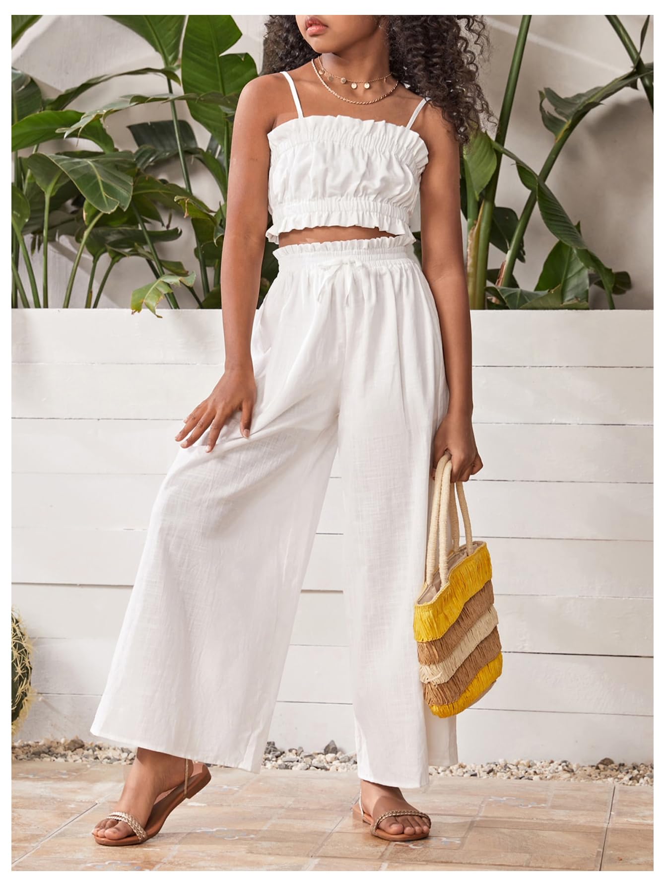 Floerns Conjunto de 2 piezas para niña con volantes y pantalones de pierna ancha con cintura paperbag