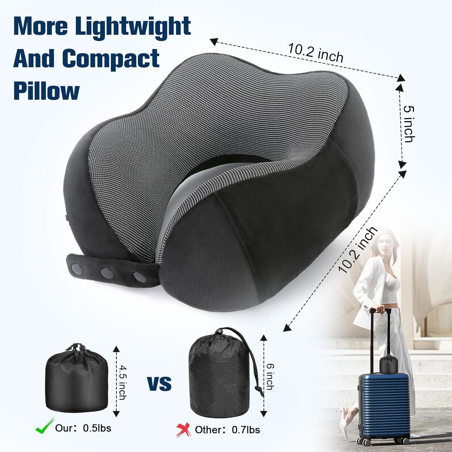 Almohada de viaje para adultos, almohada de cuello de espuma viscoelástica ajustable para aviones y vuelos de larga distancia, soporte ergonómico portátil con bolsa, máscara de ojos y tapones para los