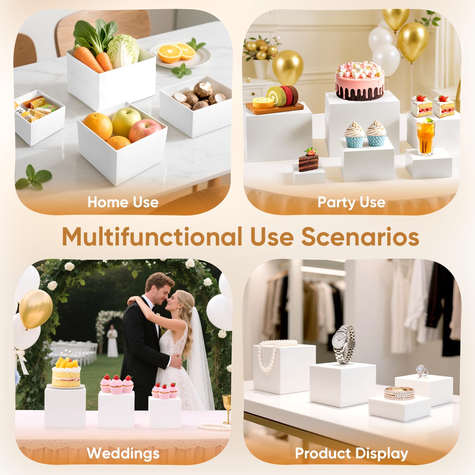 Juego de 6 soportes para buffet de acrílico, color blanco, 7,5 a 20 cm de altura, expositores de postres para catering