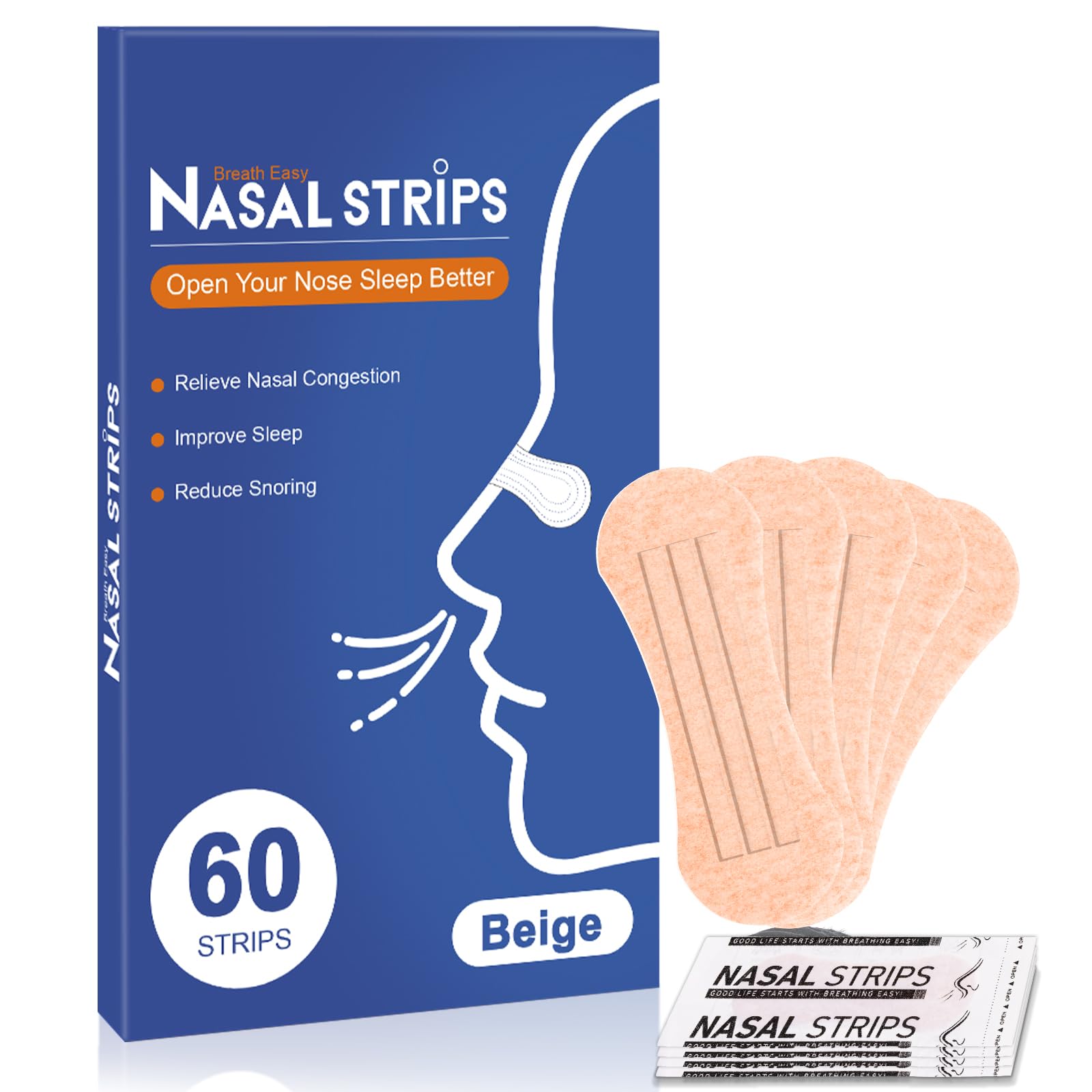 Nasal Strips for Snoring - Extra Strength Nose Strips for Breathing, Beige Nose Tape for Sleeping and Sports, Nasal Congestion Relief, Oil & Sweat Proof(60 Ct)