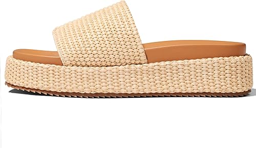 EQAUDES Beach Summer Platform Wedge Espadrilles for Women Beige Raffia Slip On D