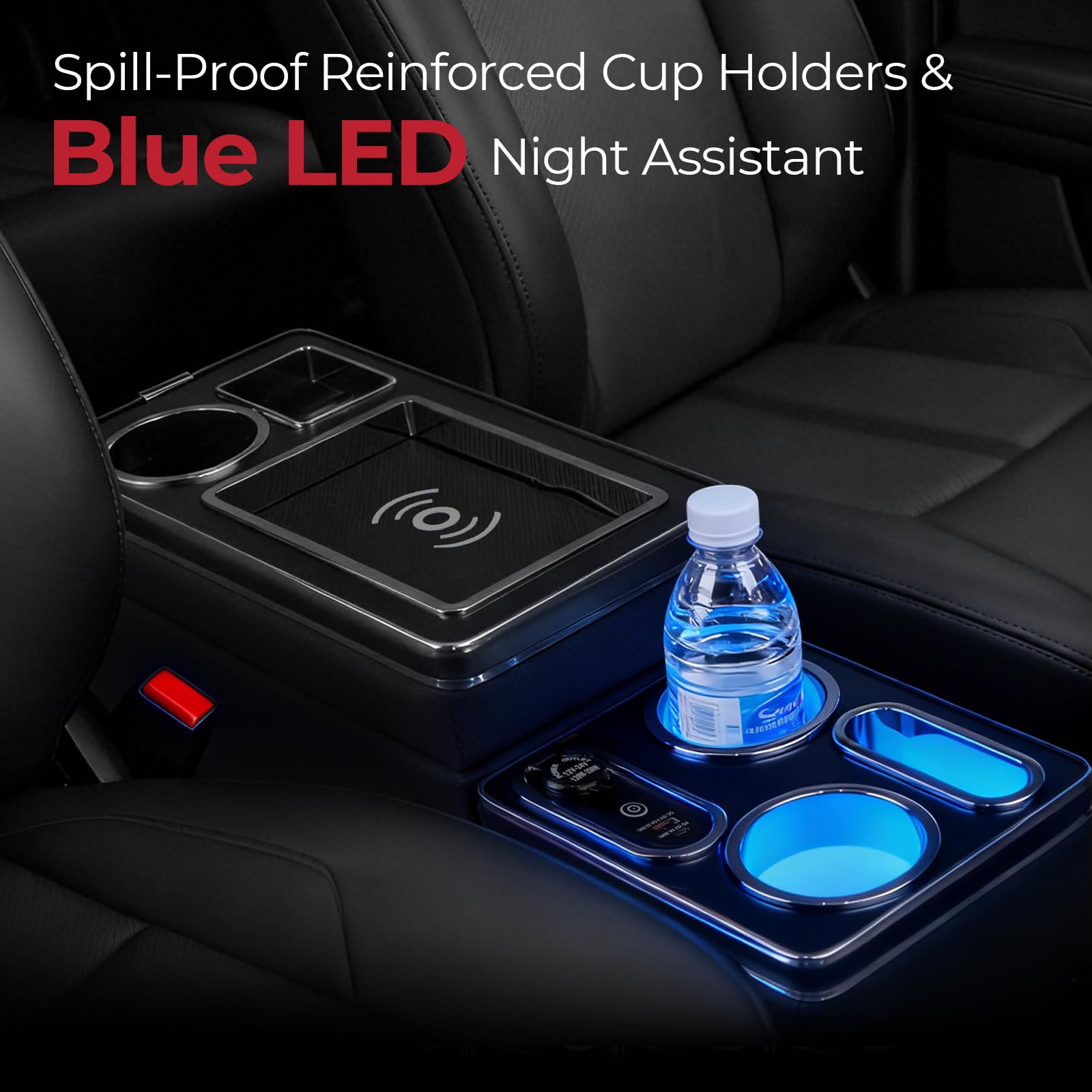 Organizer per console centrale tra i sedili per minivan e SUV, con tappetino di ricarica wireless, luce ambientale a LED blu, supporto per telefono e portabicchieri, console centrale da