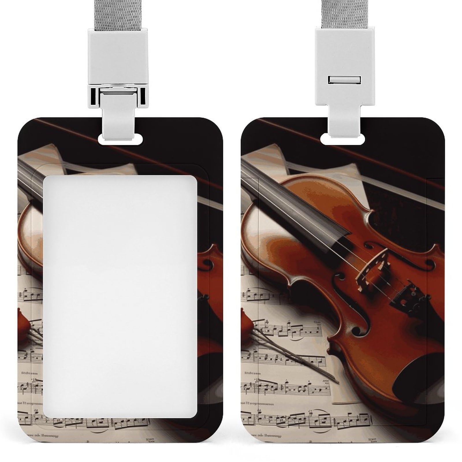 ID Card Holders for Lanyard,Violin Sheet Music Printed Badge Holder with Clear Window,Plastic Vertical Bus Pass Holders for Work Teacher Nurse Employees Proximity Key Cards Women Men