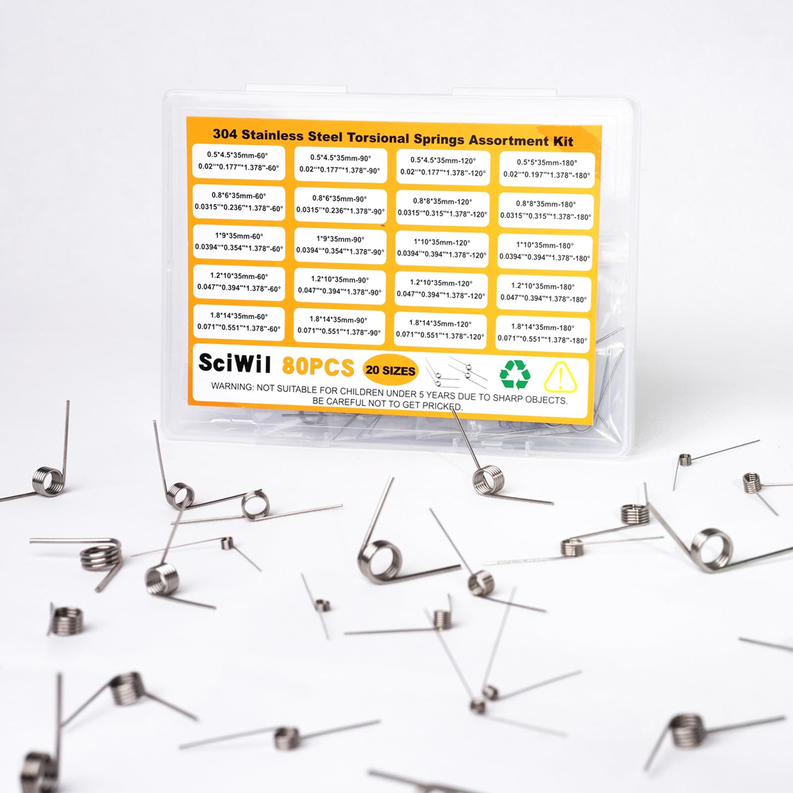 80PCS Torsion Spring Assortment Kit, 20 Sizes 60/90/120/180 Degree Stainless Steel Small Torsional Springs Set, for 3D Printer, Hinge Repair, Automotive Door Handle, DIY Mechanical Projects