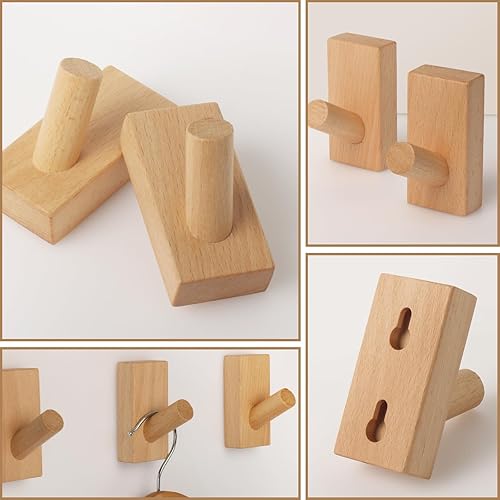 Miniatura 2 de Paquete de 4 ganchos de madera para pared, de madera natural, ahorro de espacio, sin daños, adhesivos para entrada, dormitorio, puerta de cocina,