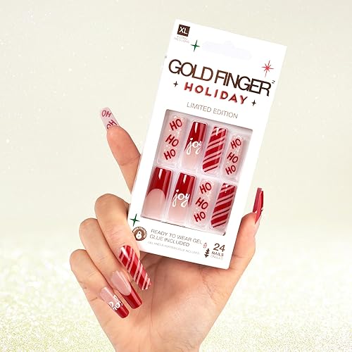 Gold Finger - 24 uñas postizas a presión con punta francesa de Navidad, cuadradas, ataúd, ovaladas, con purpurina brillante de larga duración, copos