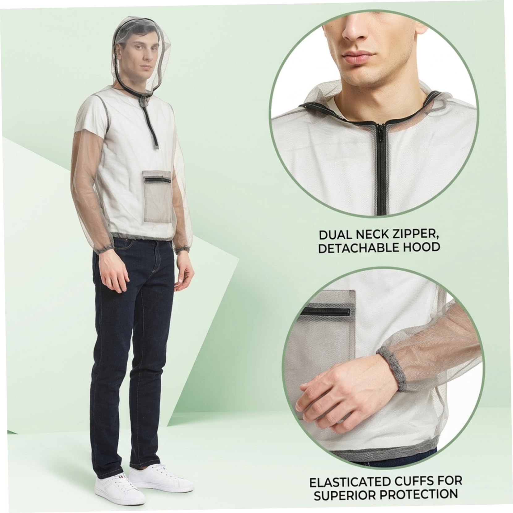 Tuta antizanzare con Cappuccio - Giacca antizanzare in Rete Leggera per Protezione Esterna, Cappuccio Staccabile e Borsa Inclusa (Grigio, 2XL), Tuta