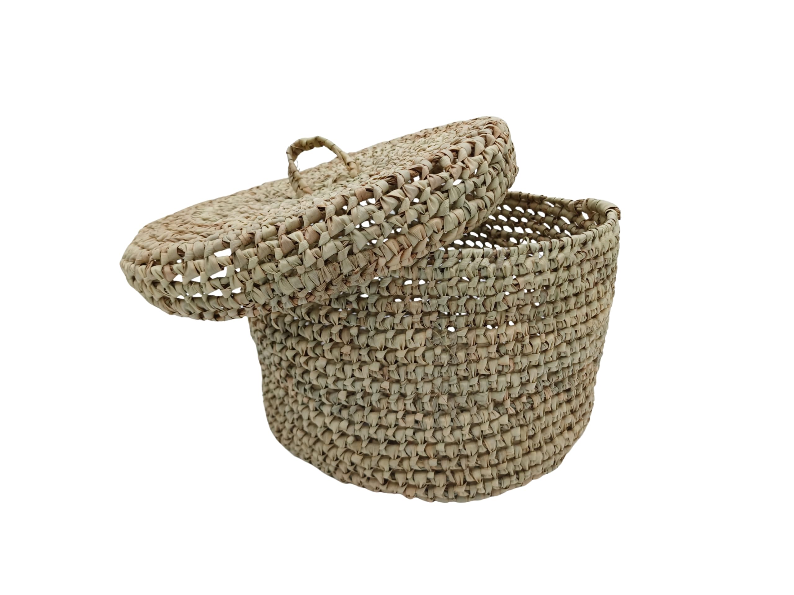 Cesta Redonda de Almacenamiento Marroquí, Fibras Naturales, con Tapa Tejida, Beige (Grande)